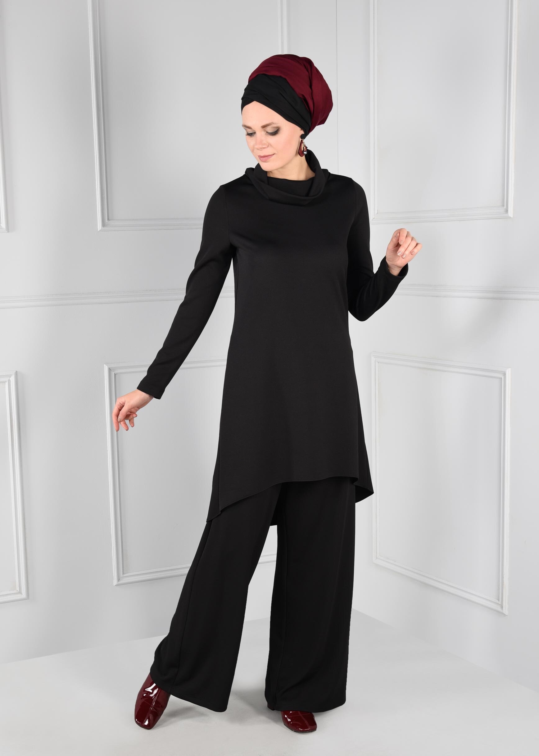 Tesettür giyim SİYAH ASİMETRİK 2Lİ PANTOLON TAKIM 4811