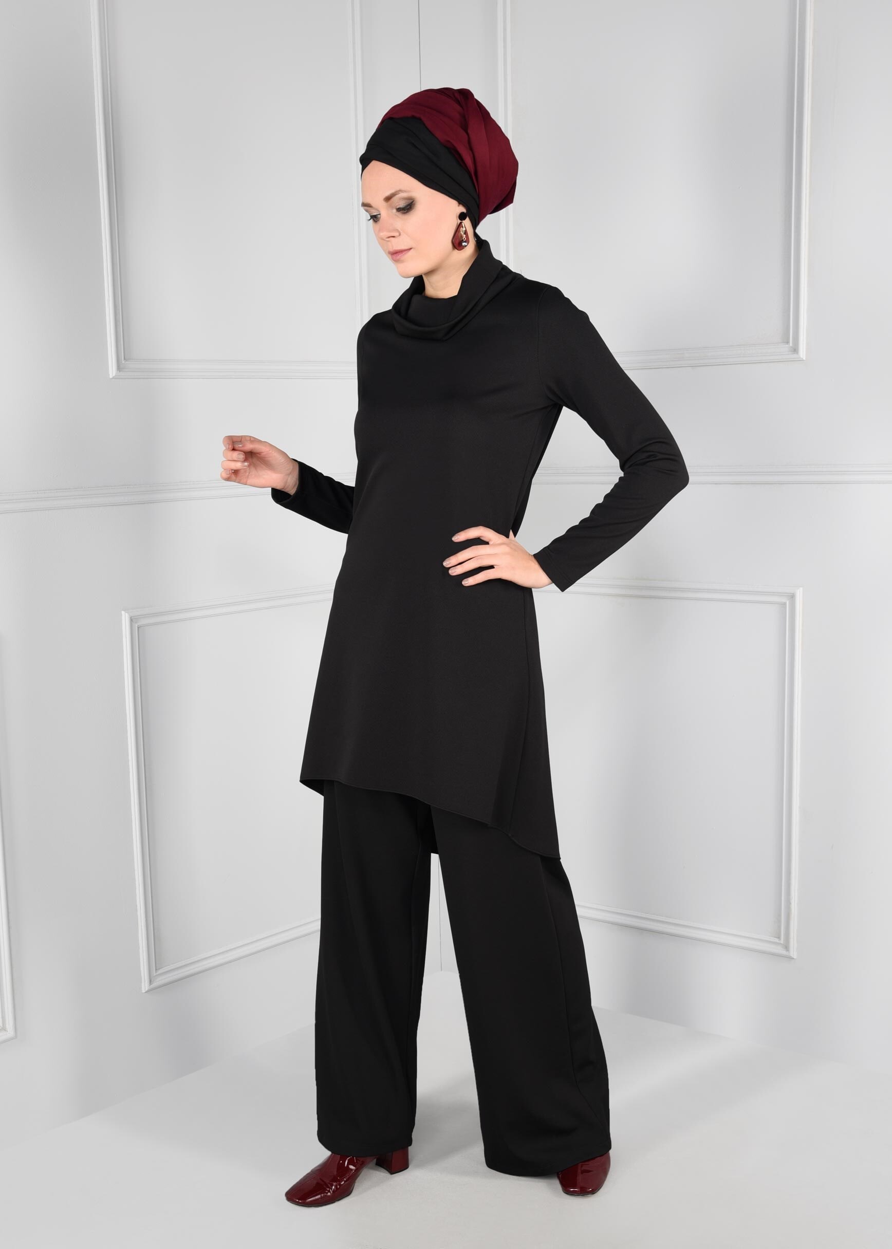 Tesettür giyim SİYAH ASİMETRİK 2Lİ PANTOLON TAKIM 4811