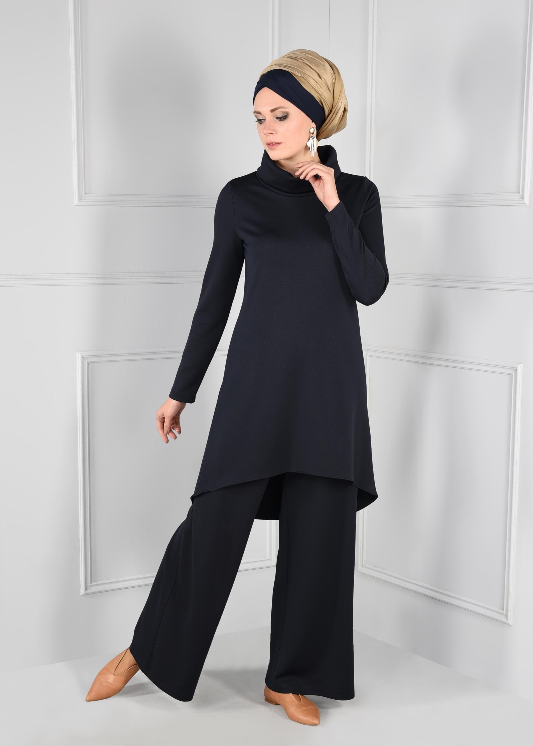 Tesettür giyim LACİVERT ASİMETRİK 2Lİ PANTOLON TAKIM 4811