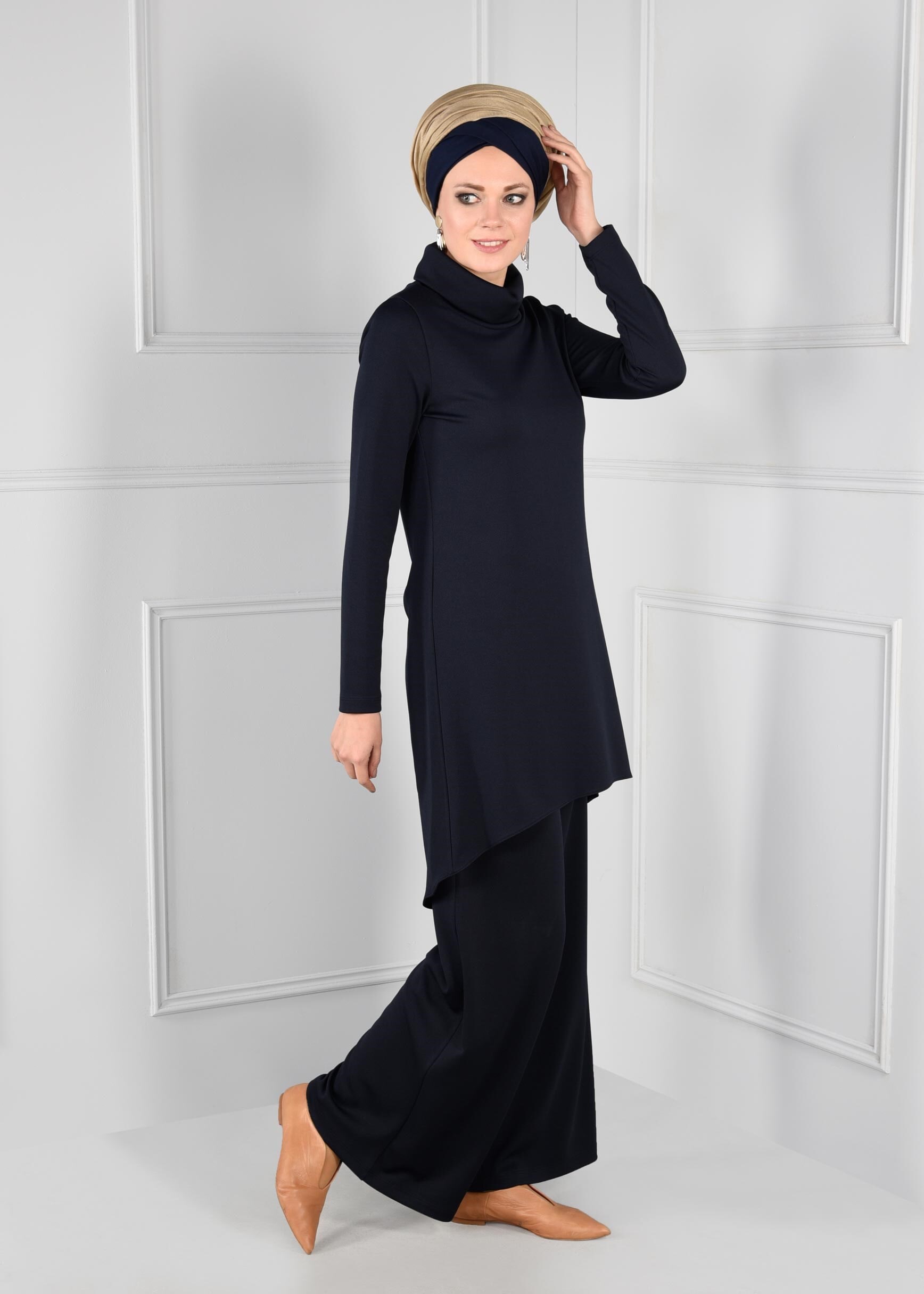 Tesettür giyim LACİVERT ASİMETRİK 2Lİ PANTOLON TAKIM 4811