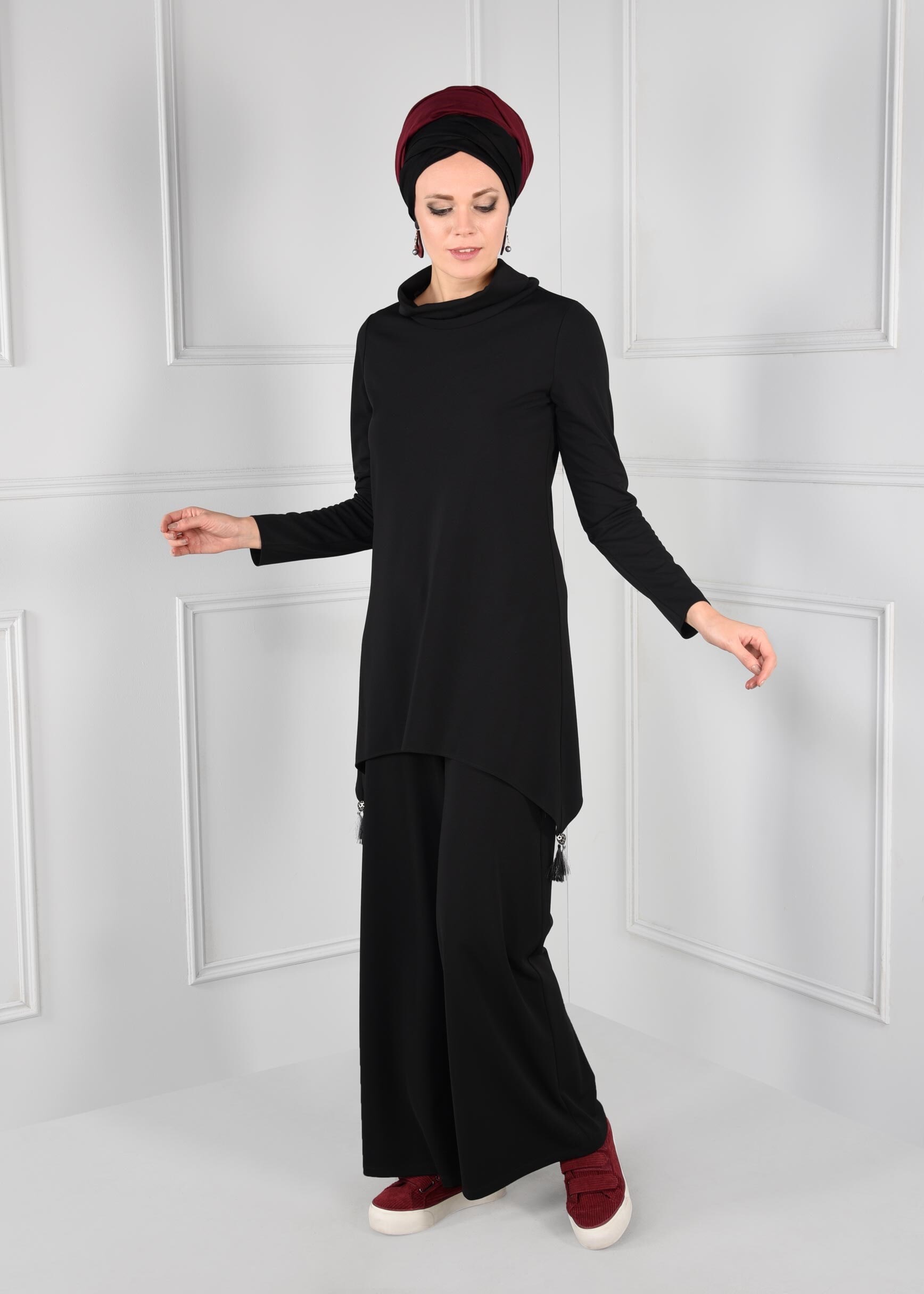 Tesettür giyim SİYAH PÜSKÜL DETAYLI ŞAL YAKA ASİMETRİK KESİM 2Lİ PANTOLON TAKIM 4812