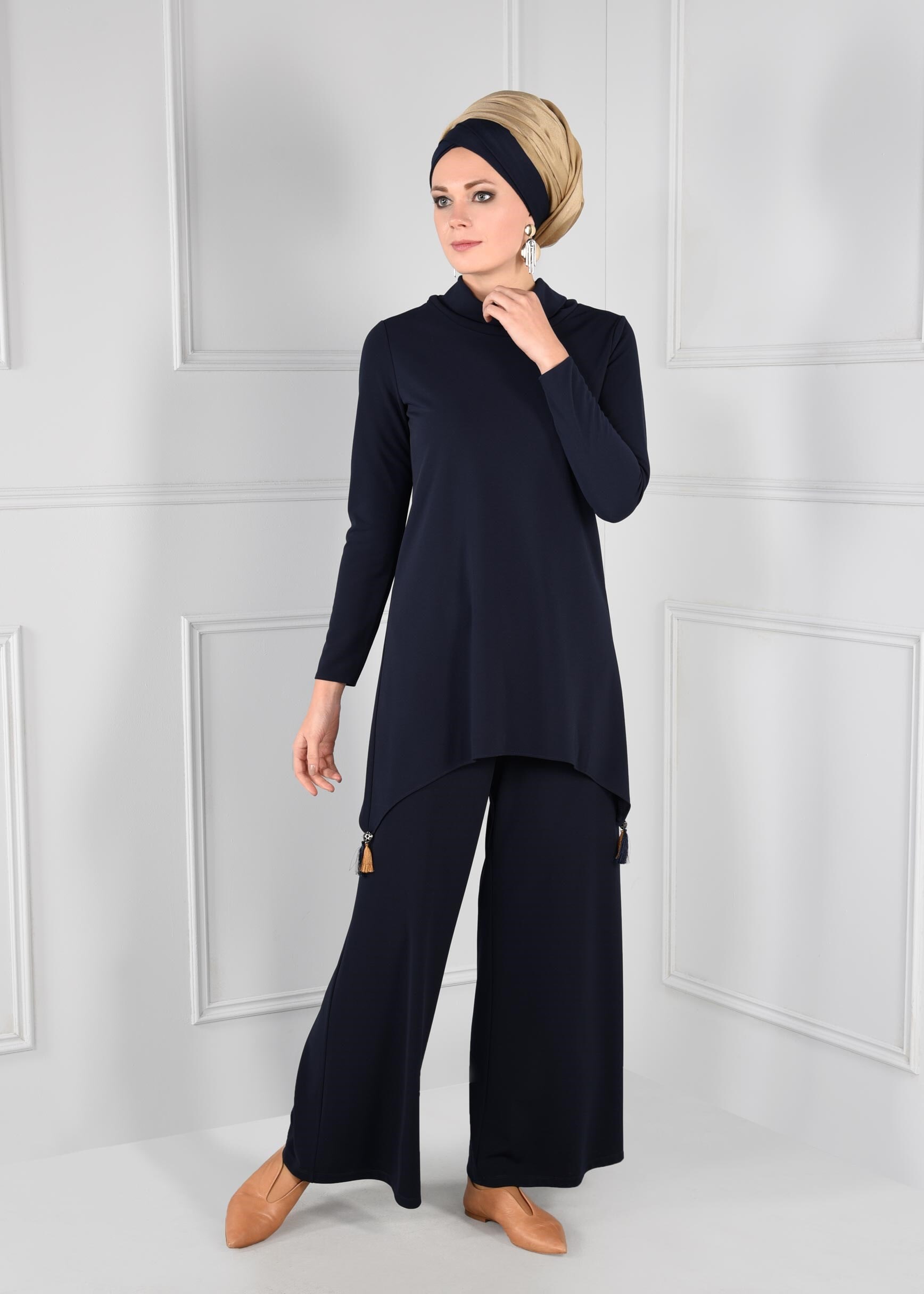 Tesettür giyim LACİVERT PÜSKÜL DETAYLI ŞAL YAKA ASİMETRİK KESİM 2Lİ PANTOLON TAKIM 4812
