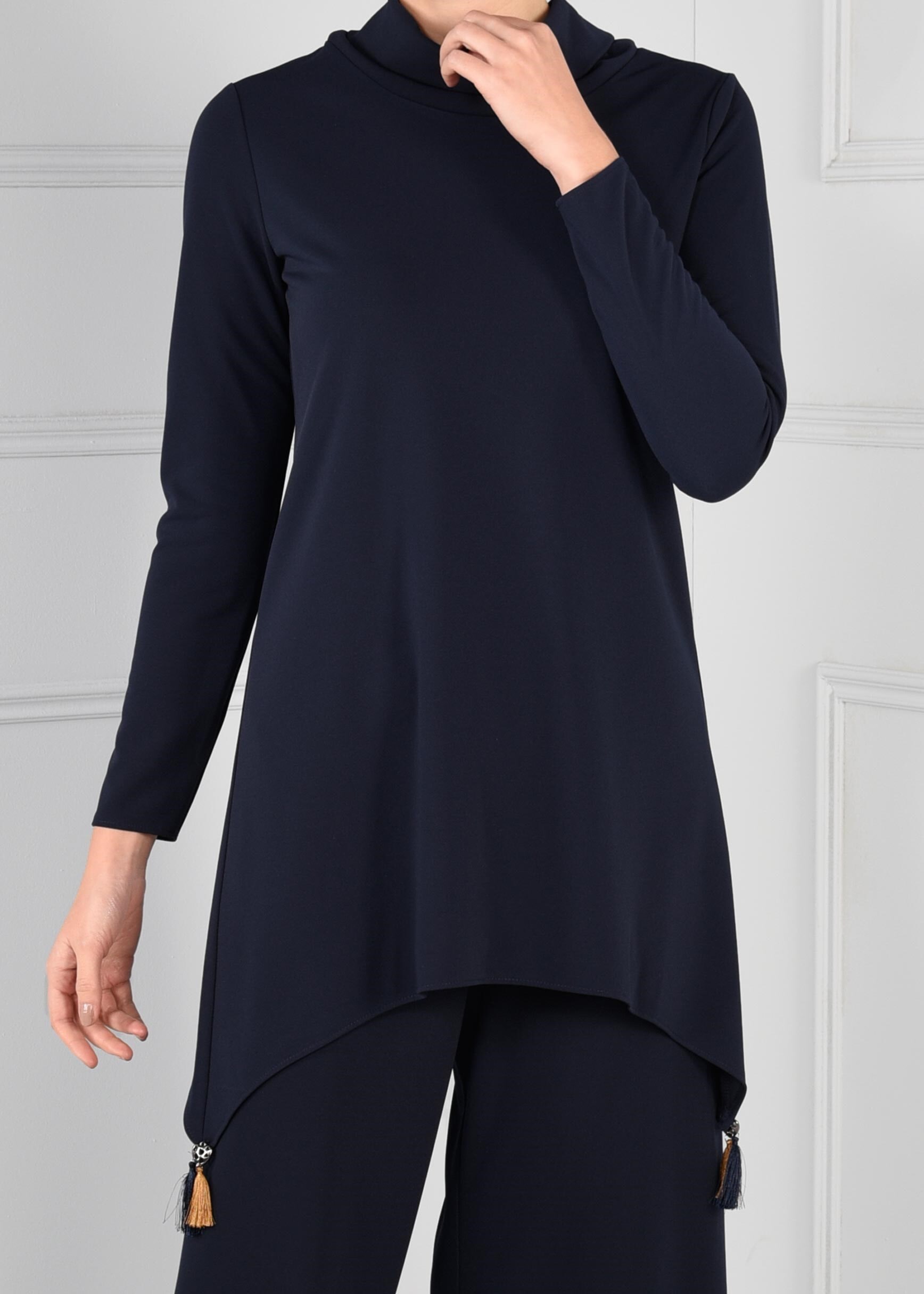 Tesettür giyim LACİVERT PÜSKÜL DETAYLI ŞAL YAKA ASİMETRİK KESİM 2Lİ PANTOLON TAKIM 4812