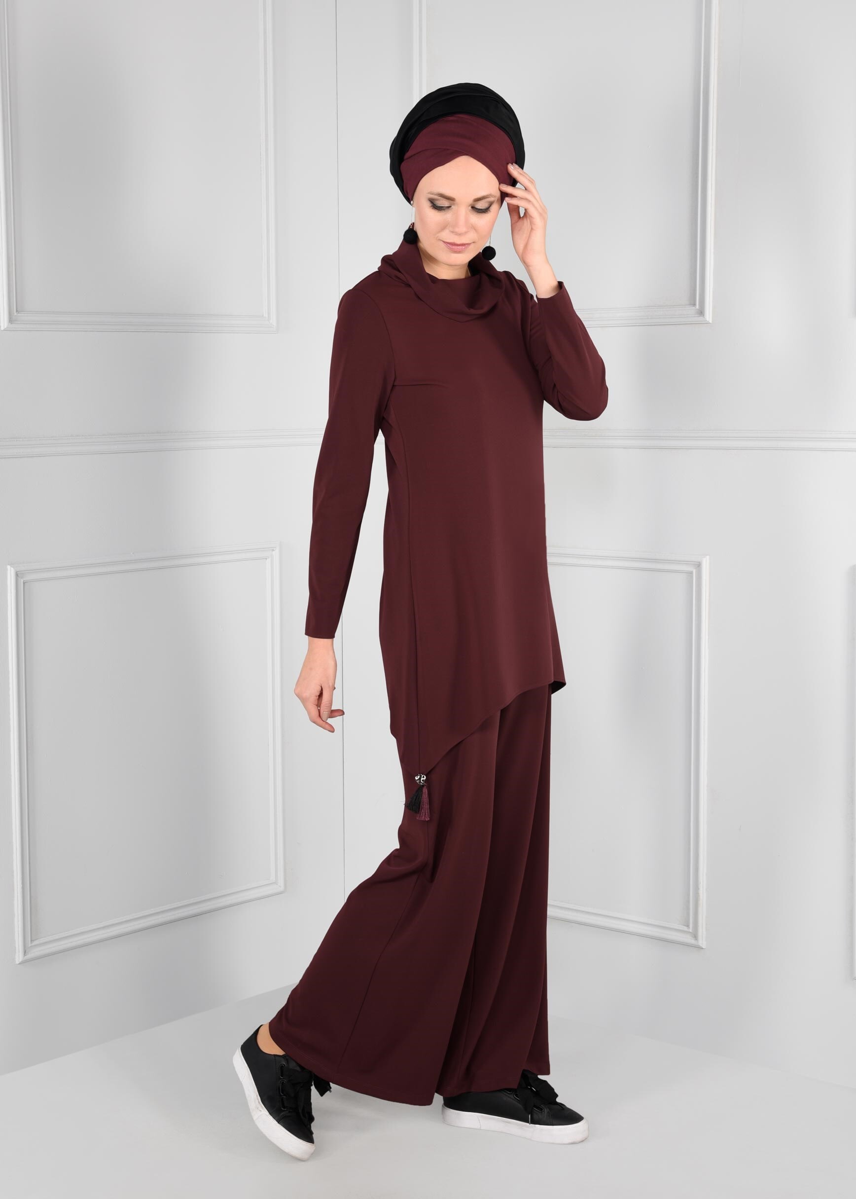 Tesettür giyim BORDO PÜSKÜL DETAYLI ŞAL YAKA ASİMETRİK KESİM 2Lİ PANTOLON TAKIM 4812