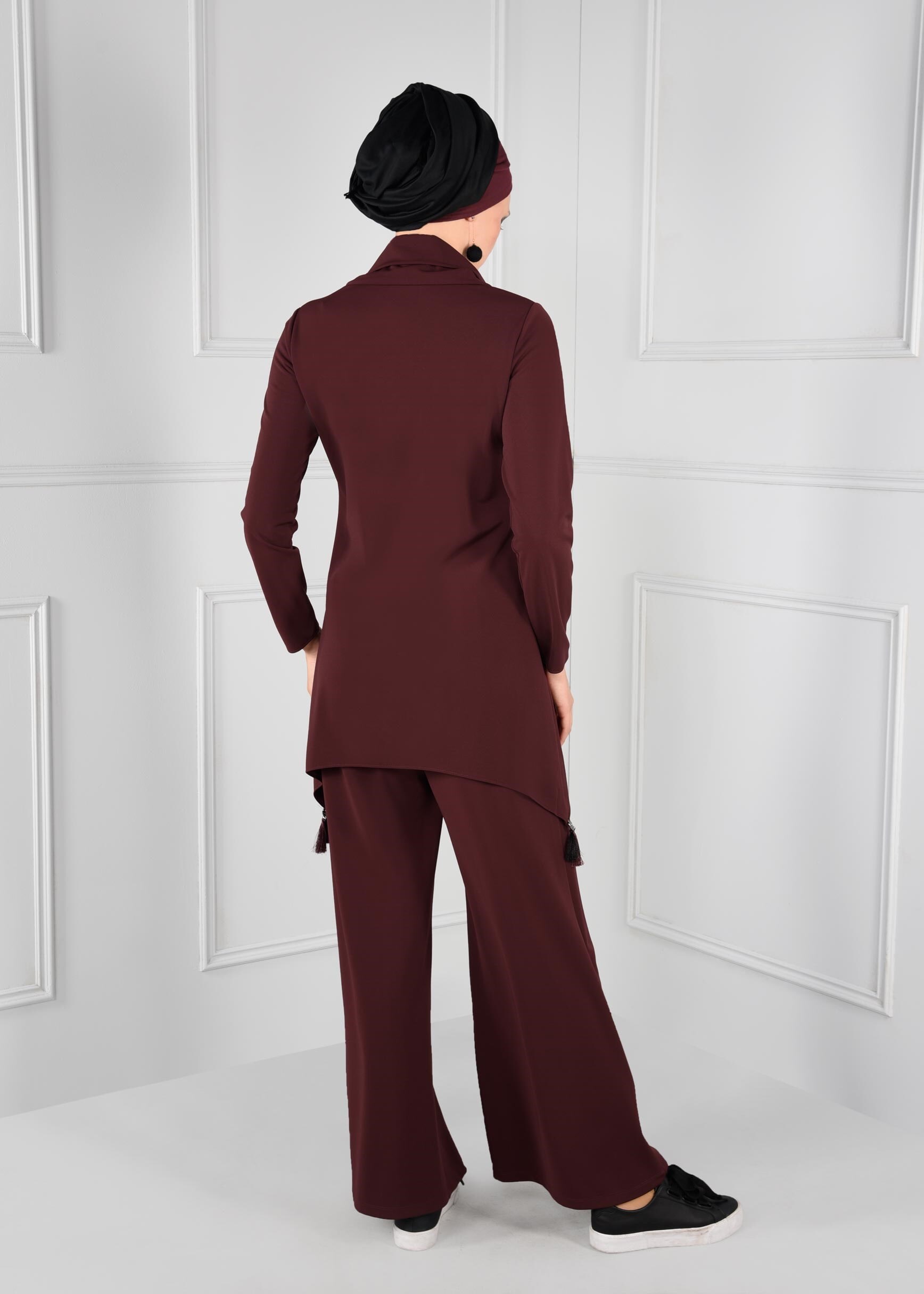 Tesettür giyim BORDO PÜSKÜL DETAYLI ŞAL YAKA ASİMETRİK KESİM 2Lİ PANTOLON TAKIM 4812