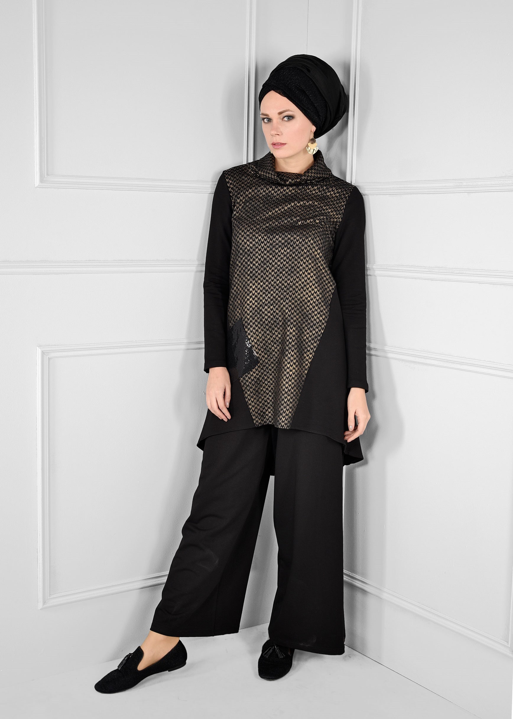 Tesettür giyim SİYAH ŞAL YAKA ASİMETRİK KESİM CEPLİ 2Lİ PANTOLON TAKIM 4843