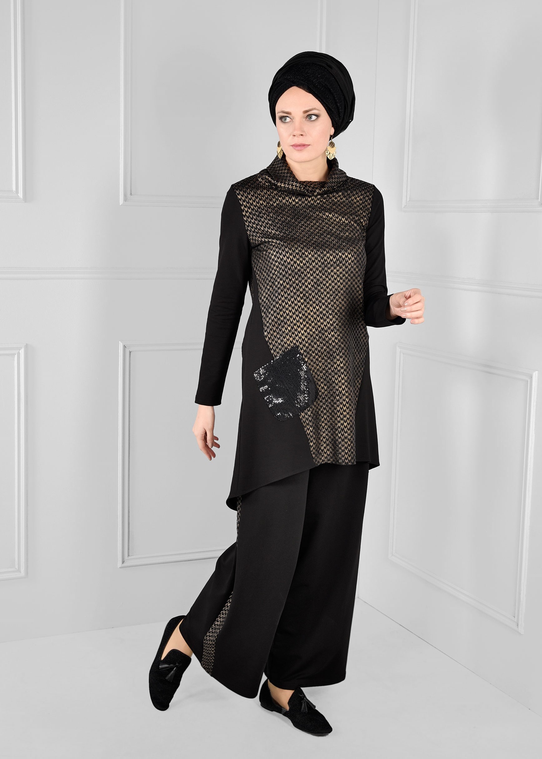 Tesettür giyim SİYAH ŞAL YAKA ASİMETRİK KESİM CEPLİ 2Lİ PANTOLON TAKIM 4843