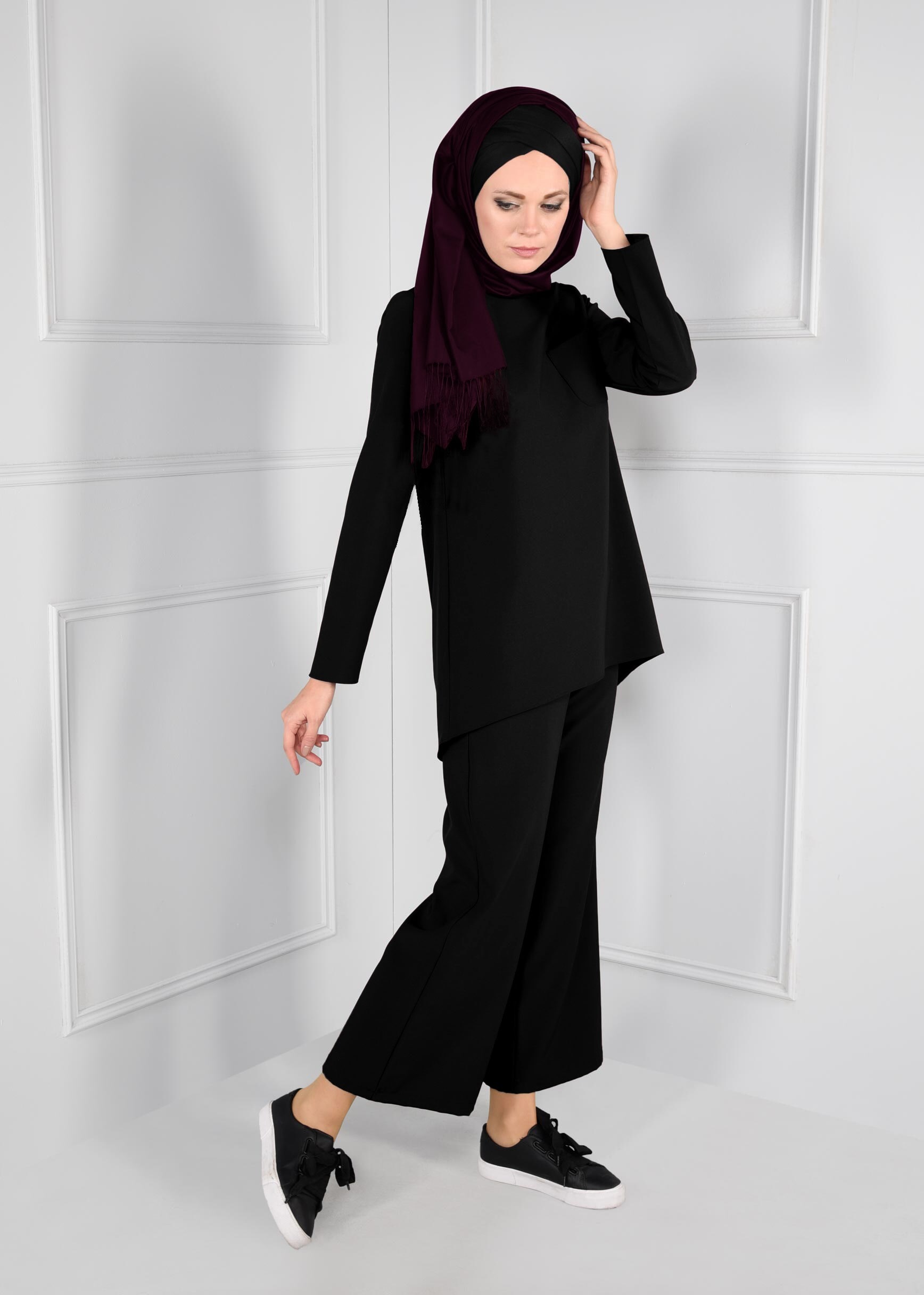 Tesettür giyim SİYAH ASİMETRİK KESİM CEPLİ 2Lİ PANTOLON TAKIM 4844