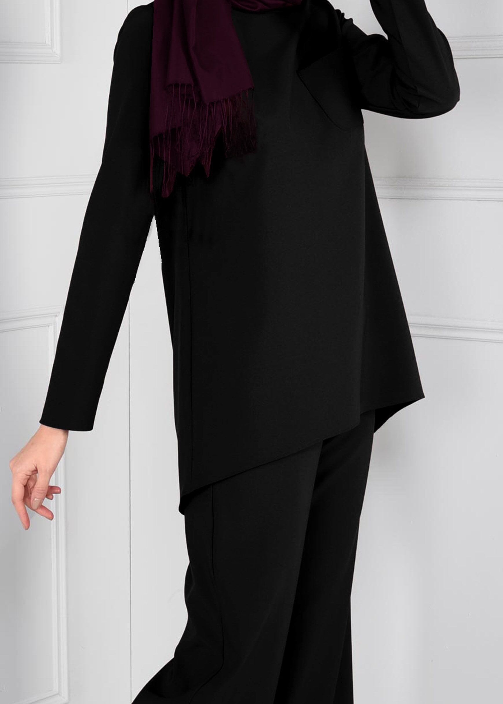Tesettür giyim SİYAH ASİMETRİK KESİM CEPLİ 2Lİ PANTOLON TAKIM 4844