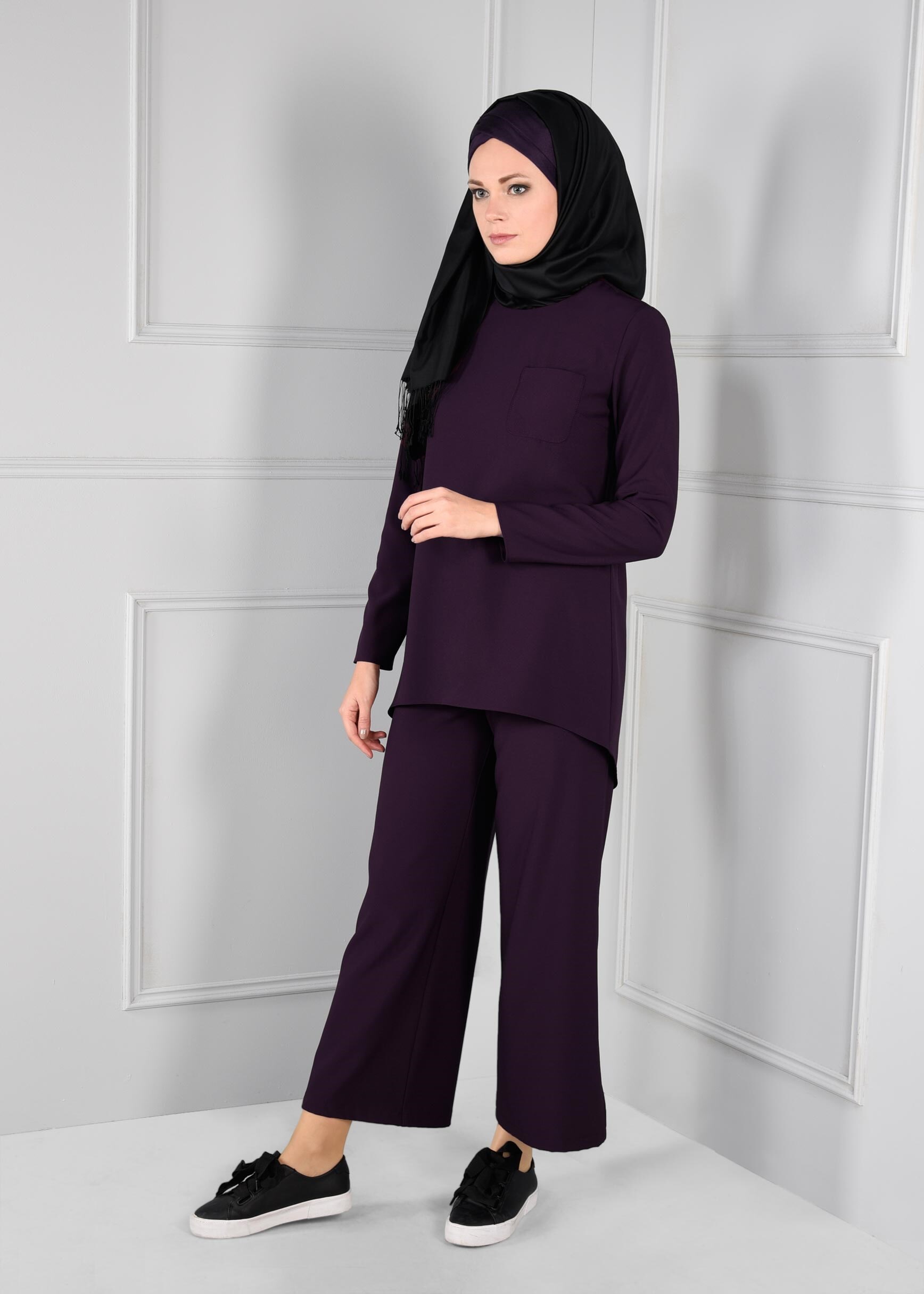 Tesettür giyim MOR ASİMETRİK KESİM CEPLİ 2Lİ PANTOLON TAKIM 4844
