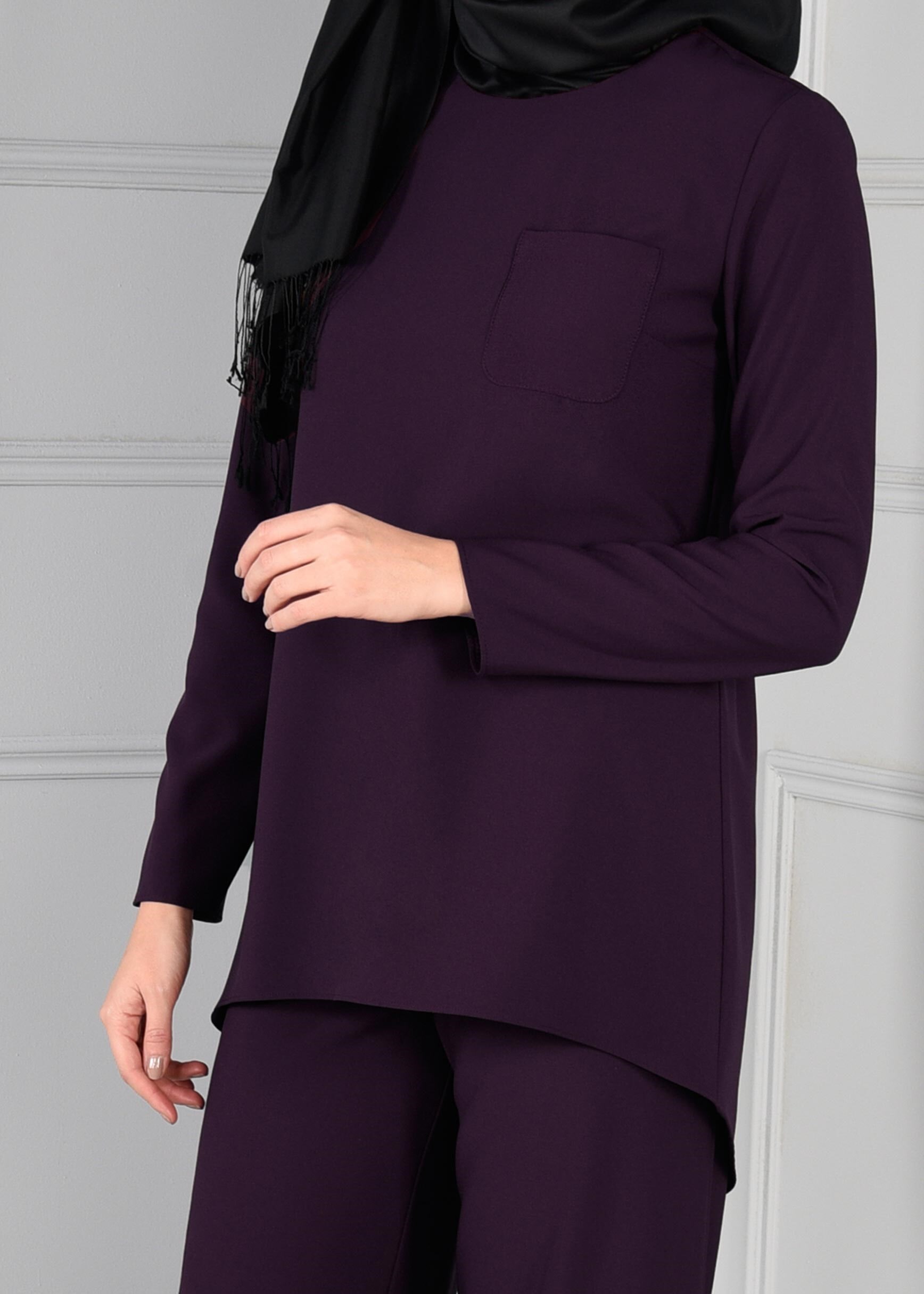 Tesettür giyim MOR ASİMETRİK KESİM CEPLİ 2Lİ PANTOLON TAKIM 4844