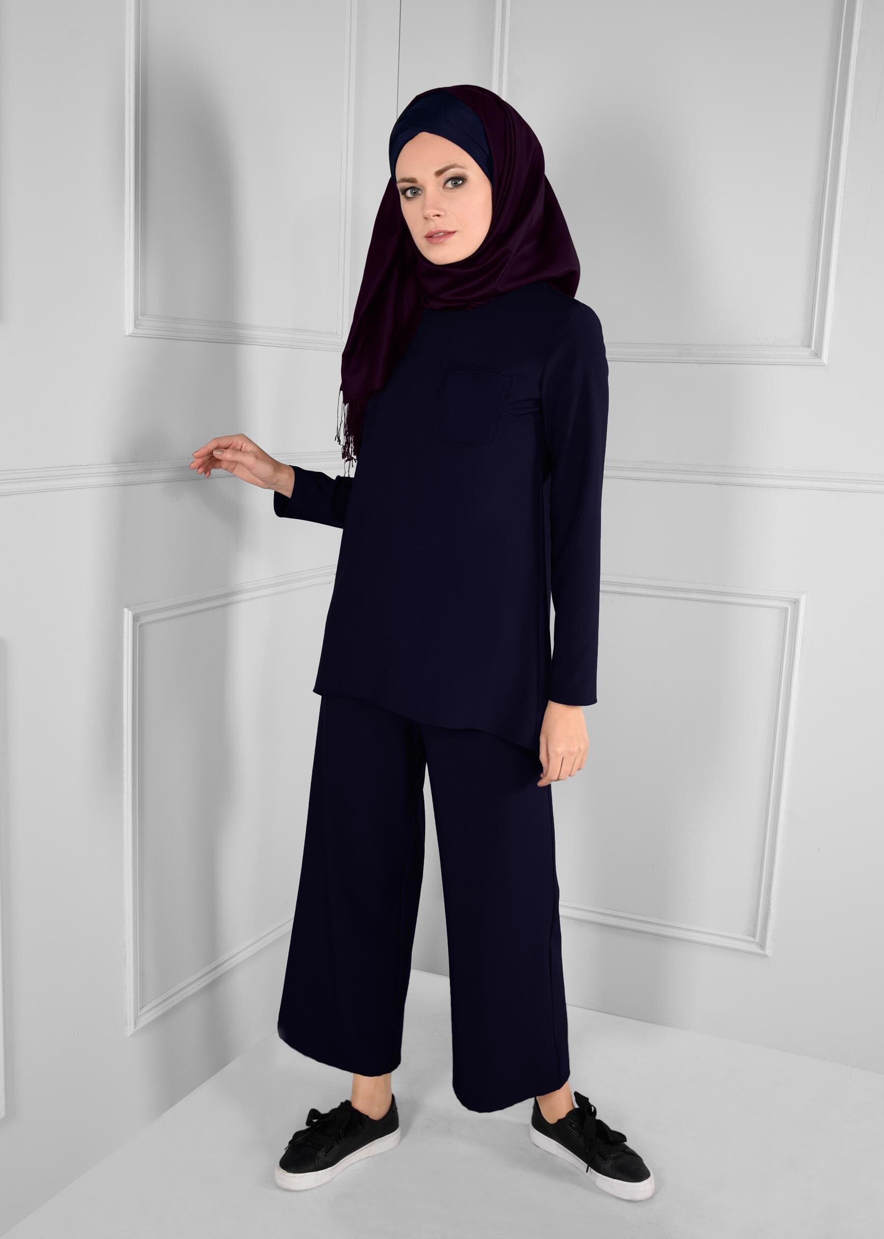 Tesettür giyim LACİVERT ASİMETRİK KESİM CEPLİ 2Lİ PANTOLON TAKIM 4844