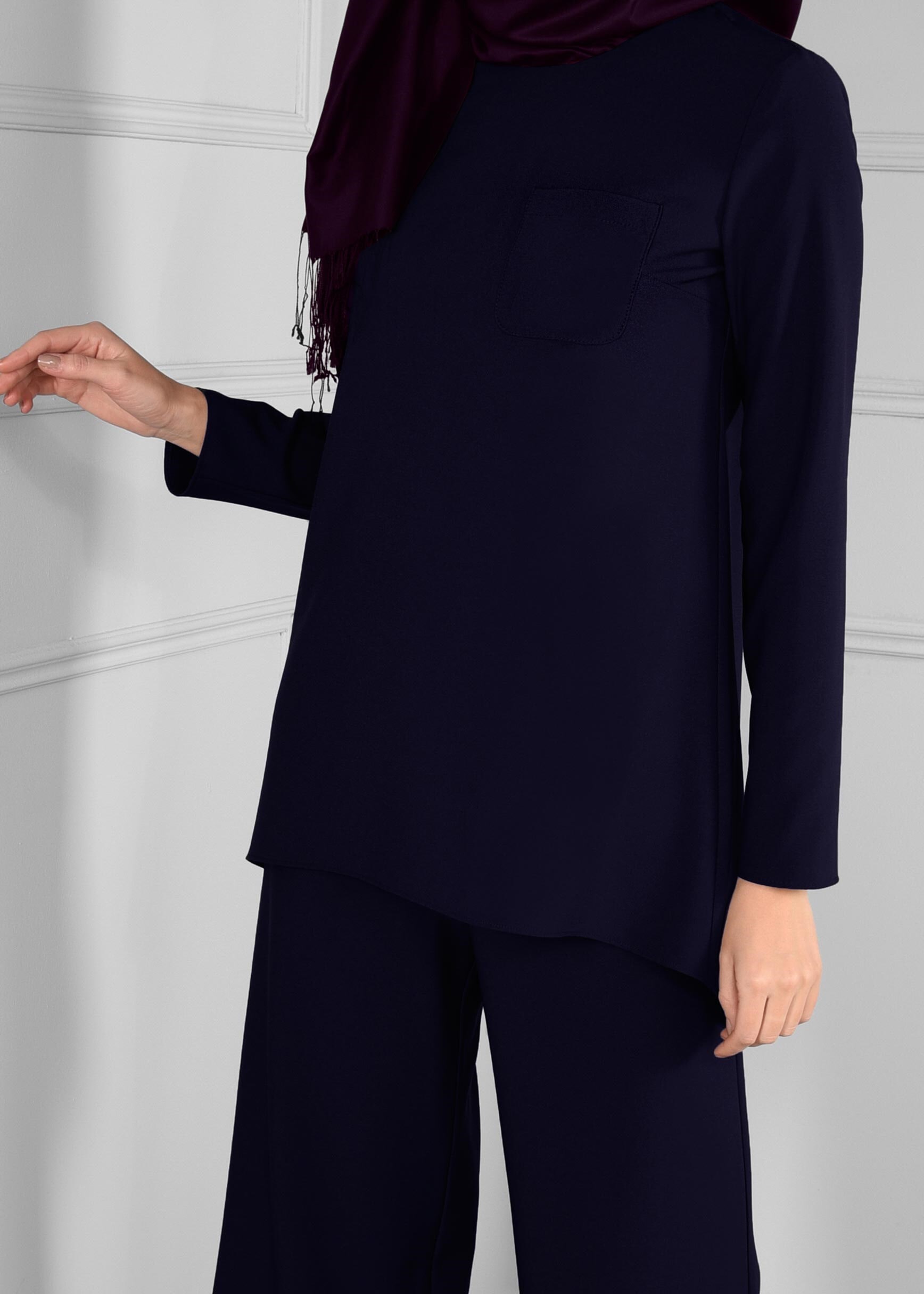 Tesettür giyim LACİVERT ASİMETRİK KESİM CEPLİ 2Lİ PANTOLON TAKIM 4844