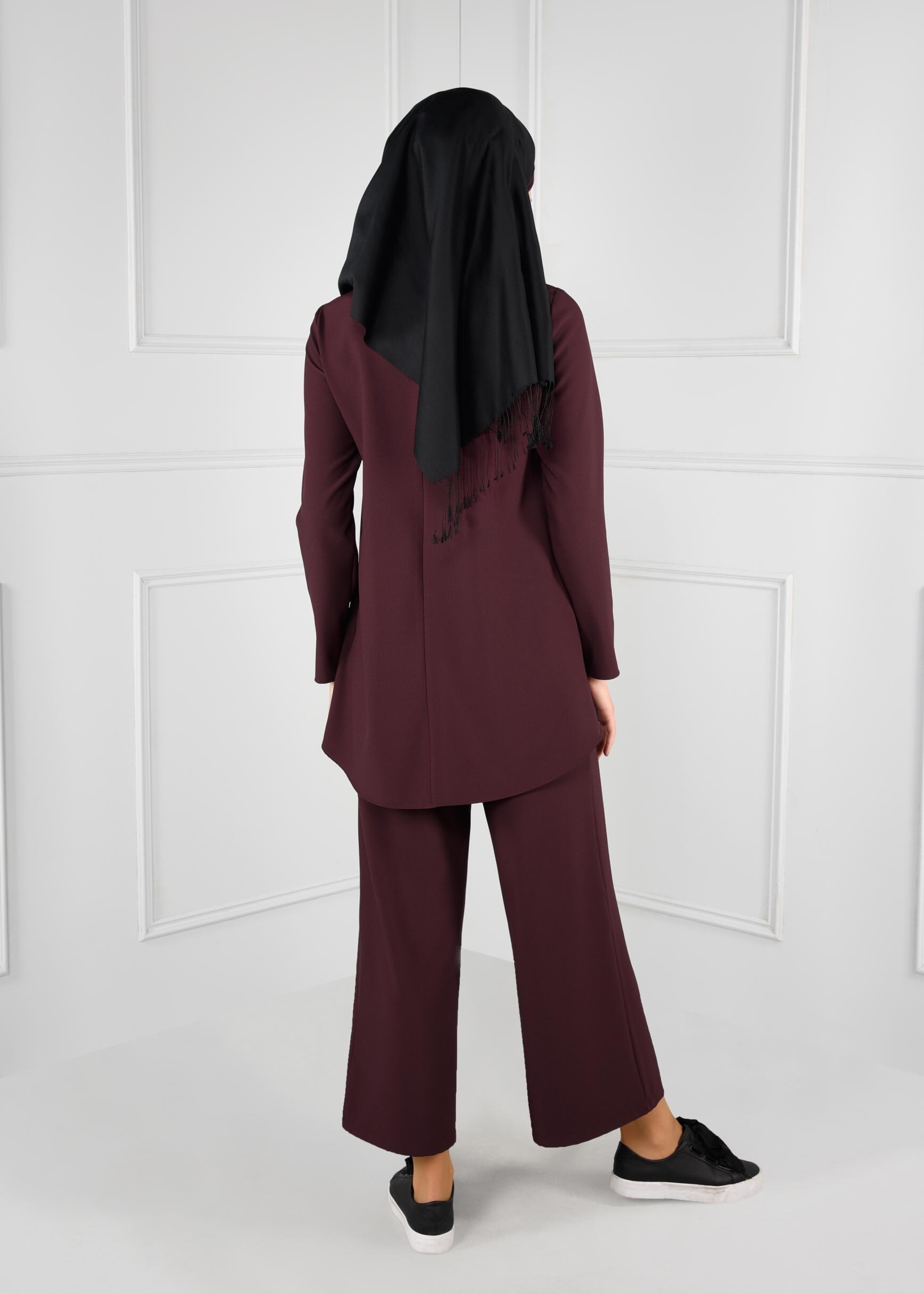 Tesettür giyim MÜRDÜM ASİMETRİK KESİM CEPLİ 2Lİ PANTOLON TAKIM 4844