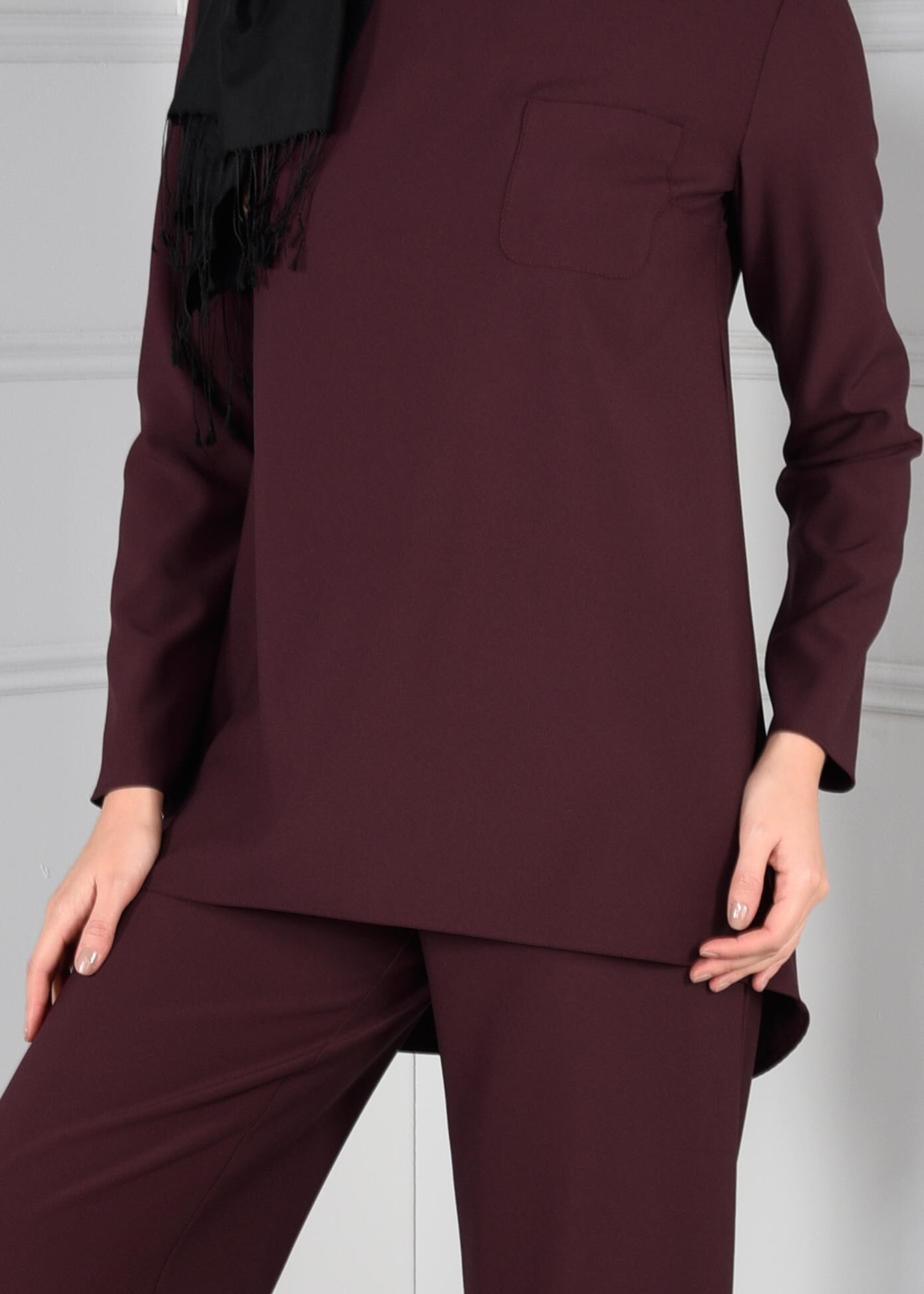 Tesettür giyim MÜRDÜM ASİMETRİK KESİM CEPLİ 2Lİ PANTOLON TAKIM 4844