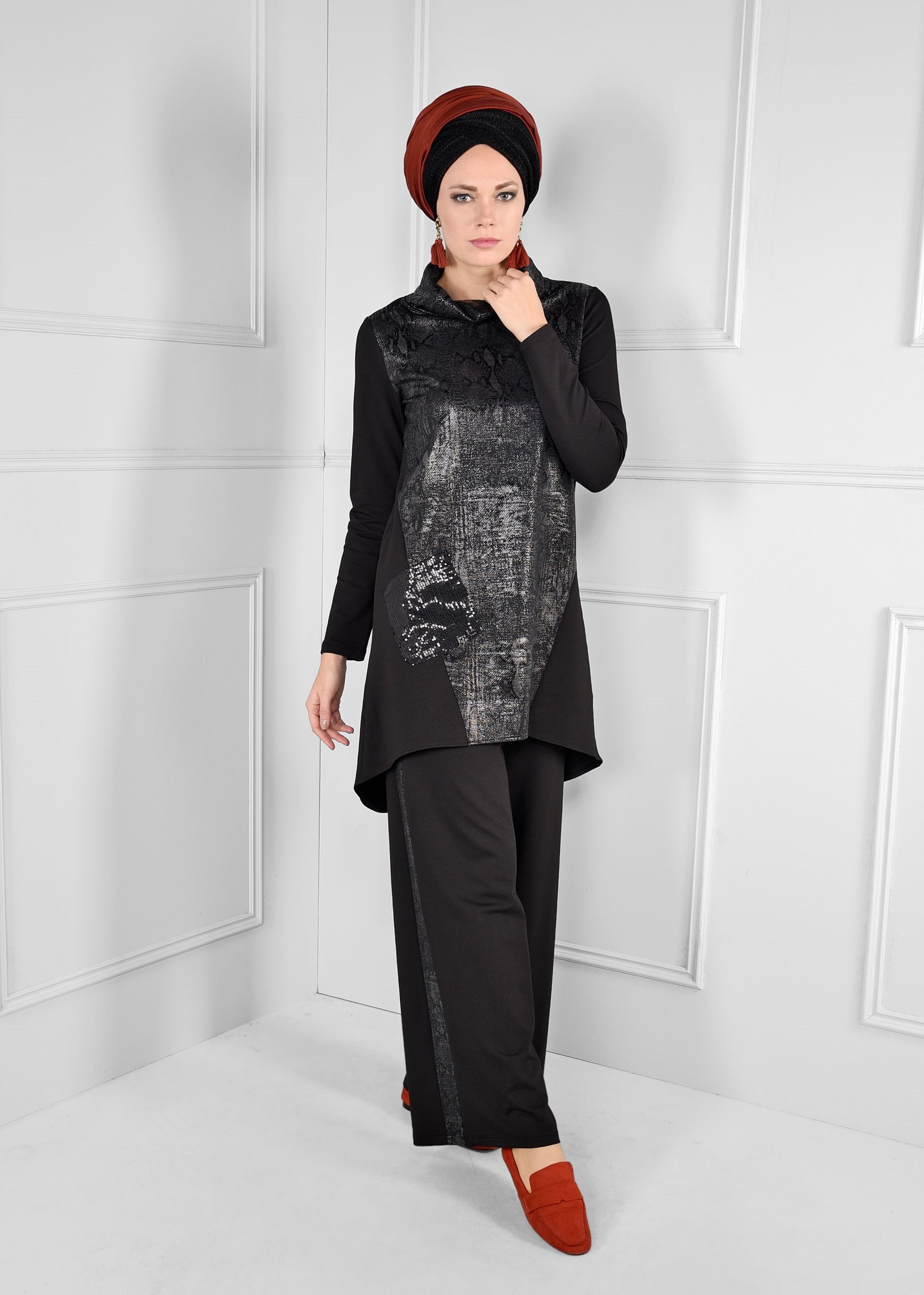 Tesettür giyim SİYAH PAYETLİ CEPLİ ŞAL YAKA 2Lİ PANTOLON TAKIMI 4843