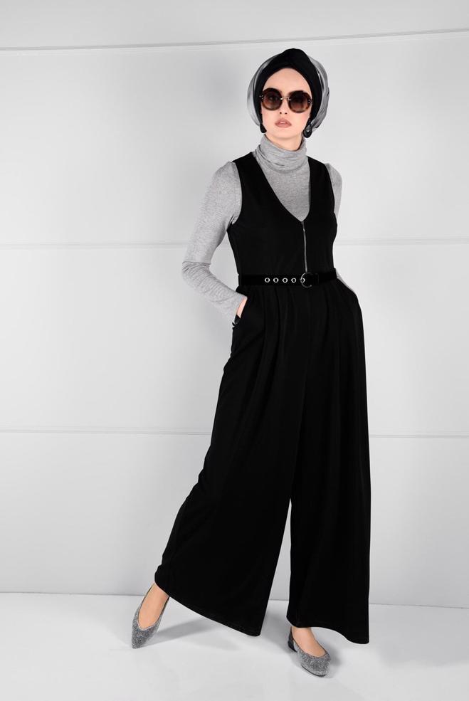 Tesettür giyim  GENİŞ KESİM V YAKA KEMERLİ 2Lİ TULUM 4717 - ALVİNA