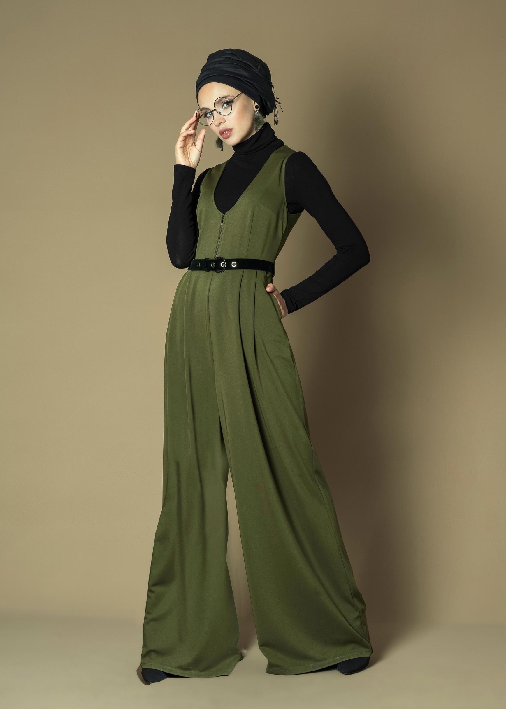 Tesettür giyim HAKİ GENİŞ KESİM V YAKA KEMERLİ 2Lİ TULUM 4717