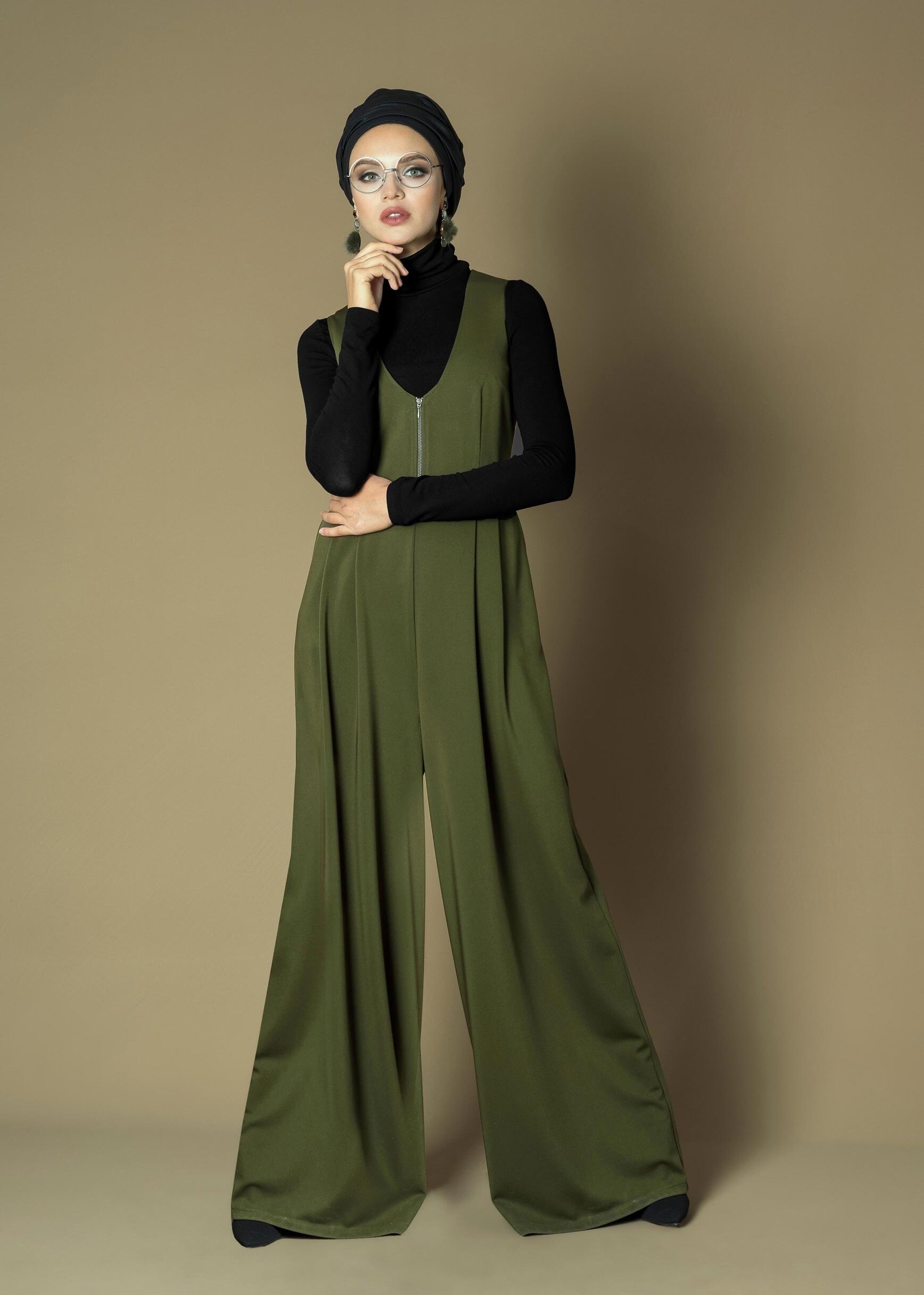 Tesettür giyim HAKİ GENİŞ KESİM V YAKA KEMERLİ 2Lİ TULUM 4717