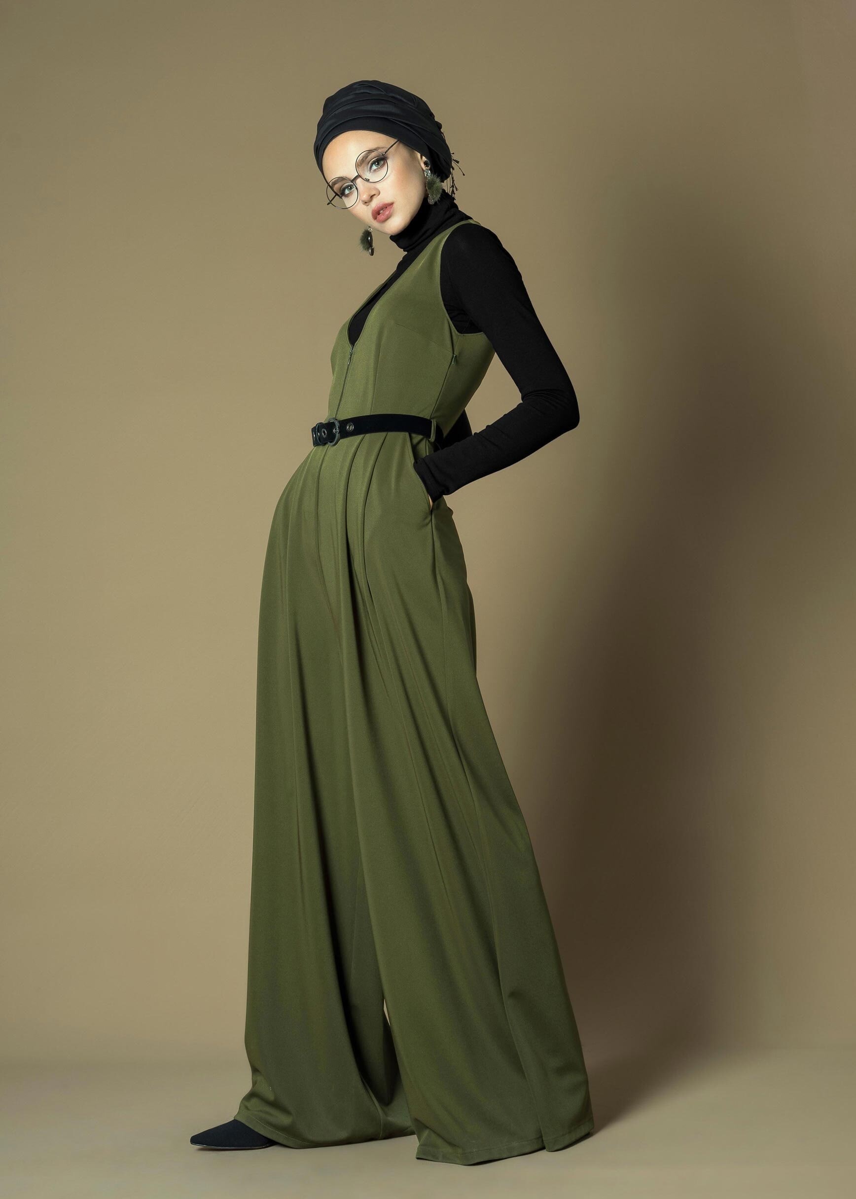 Tesettür giyim HAKİ GENİŞ KESİM V YAKA KEMERLİ 2Lİ TULUM 4717