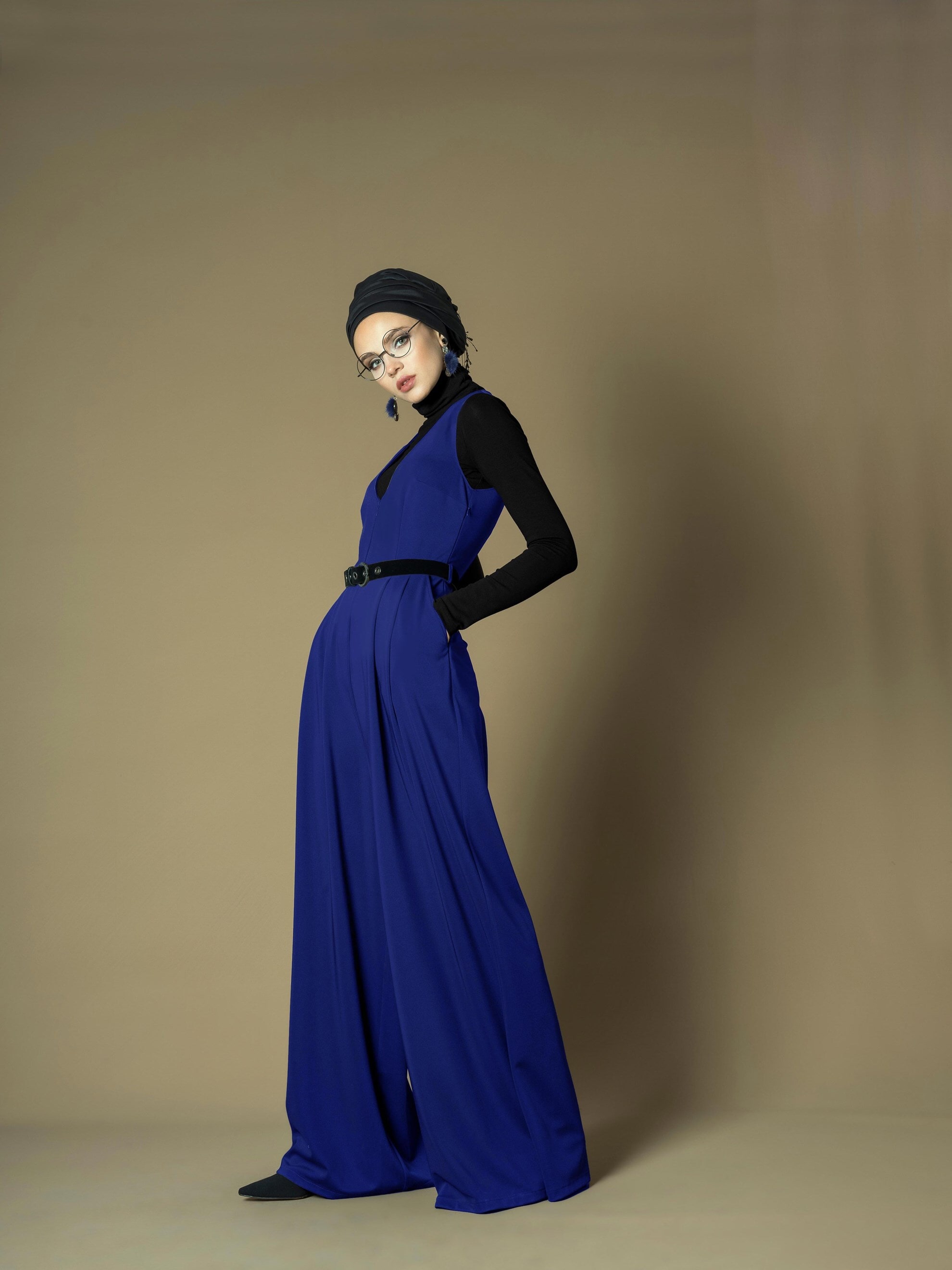 Tesettür giyim LACİVERT GENİŞ KESİM V YAKA KEMERLİ 2Lİ TULUM 4717