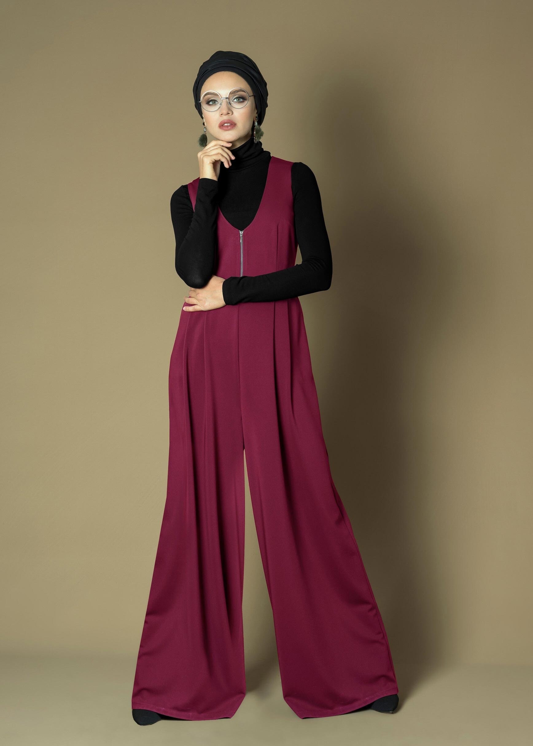 Tesettür giyim MOR GENİŞ KESİM V YAKA KEMERLİ 2Lİ TULUM 4717