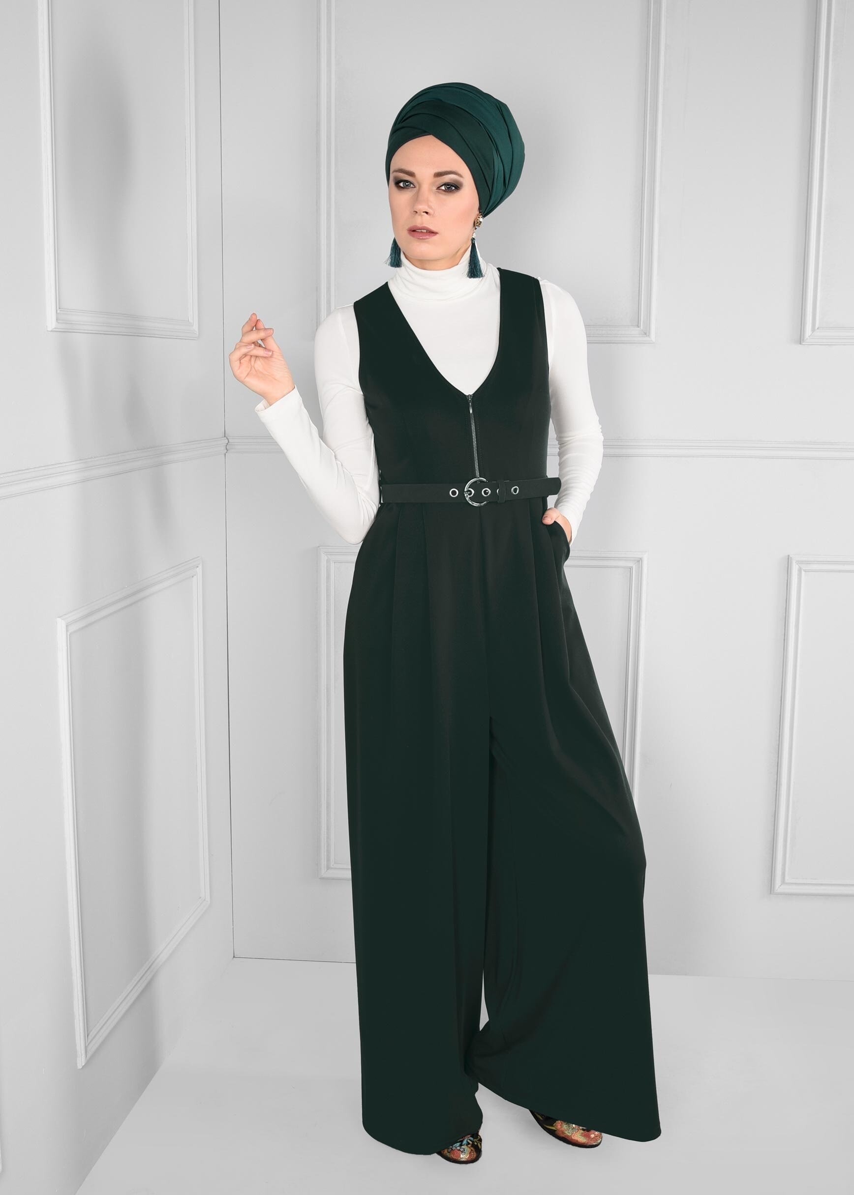 Tesettür giyim YEŞİL GENİŞ KESİM V YAKA KEMERLİ 2Lİ TULUM 4717