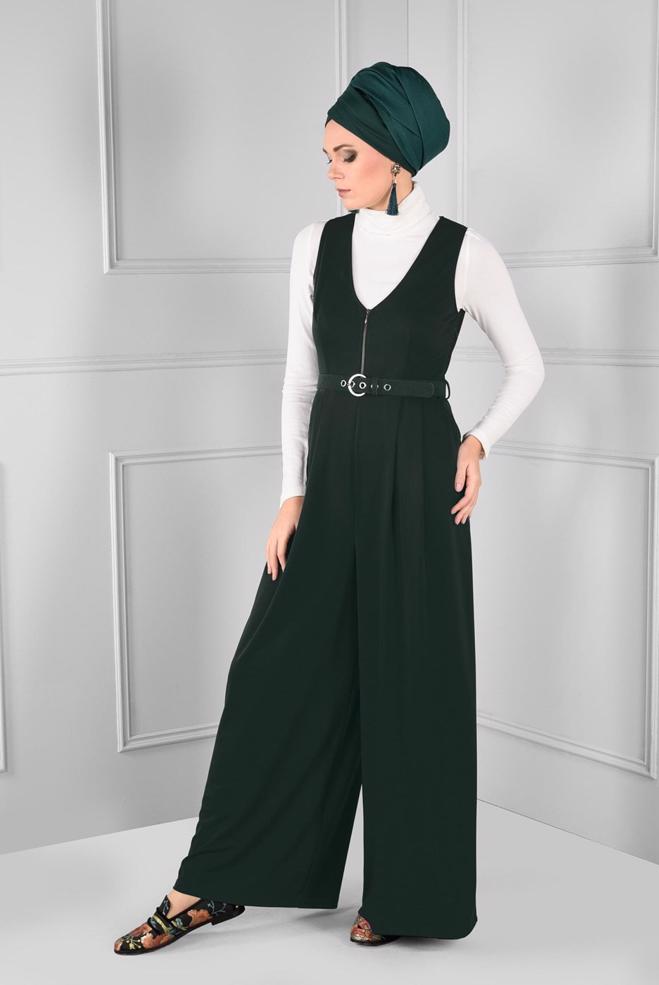 Hijab clothing GREEN V-NECK JUMPSUIT 4717  - ALVİNA