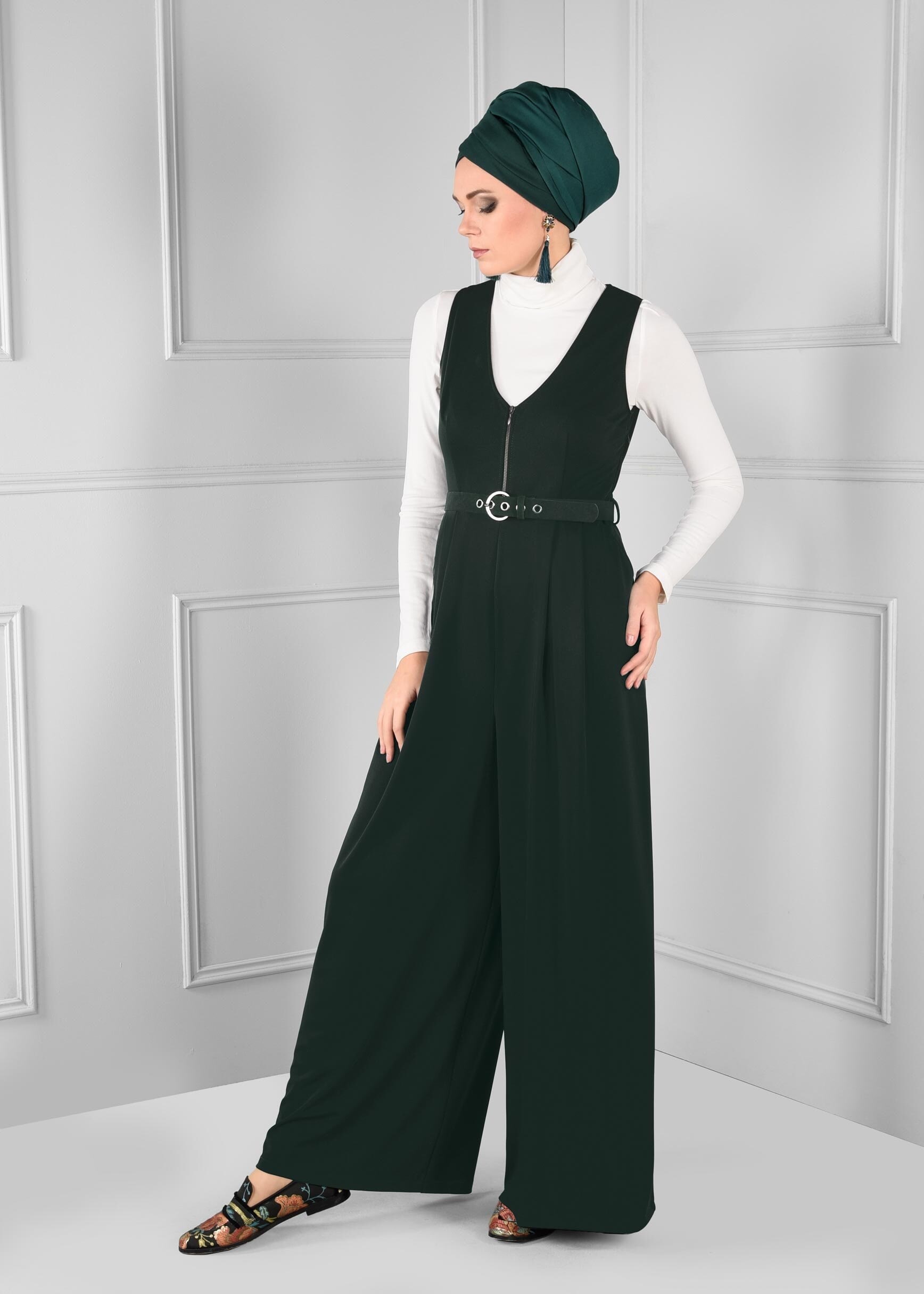 Tesettür giyim YEŞİL GENİŞ KESİM V YAKA KEMERLİ 2Lİ TULUM 4717