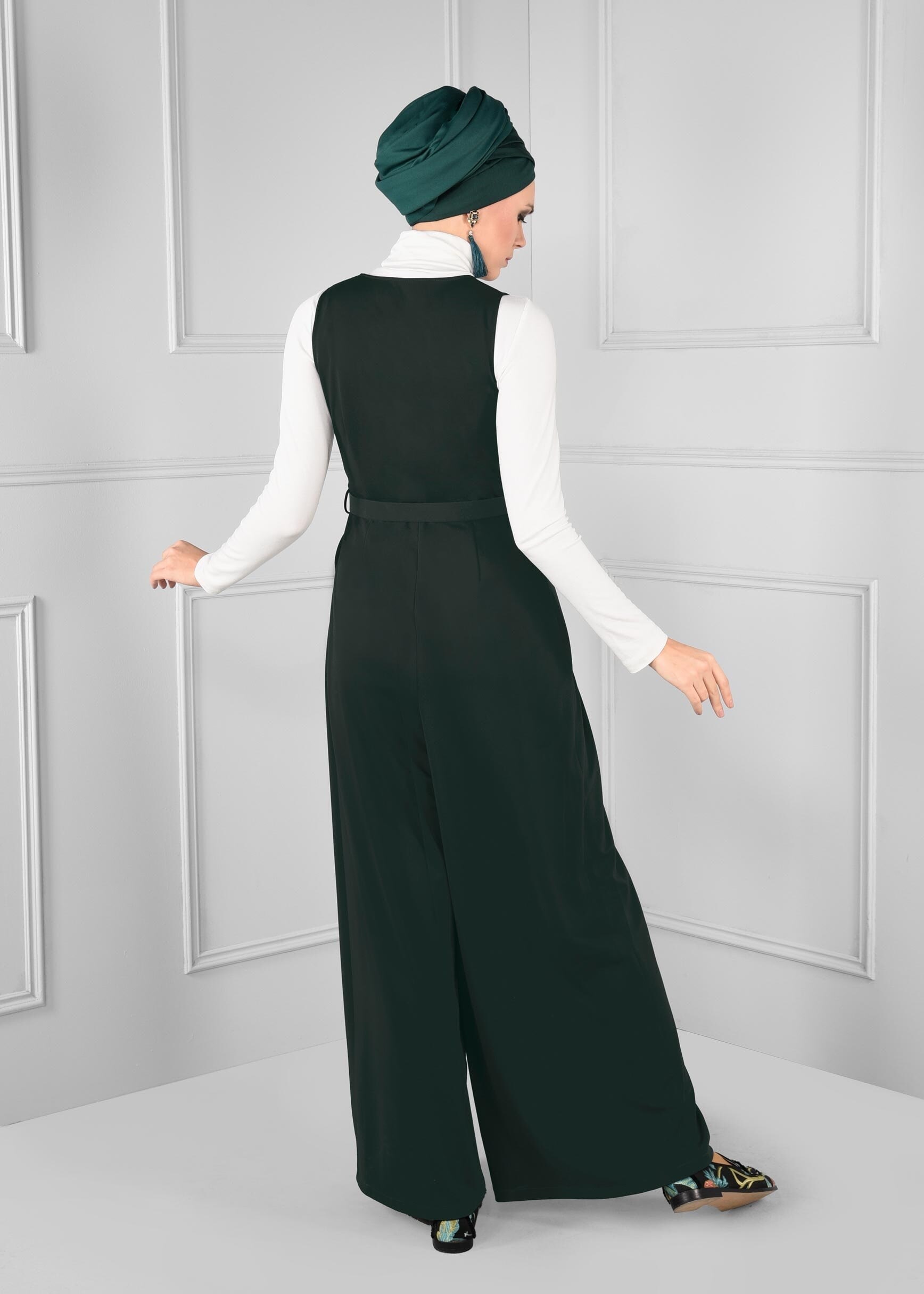 Tesettür giyim YEŞİL GENİŞ KESİM V YAKA KEMERLİ 2Lİ TULUM 4717
