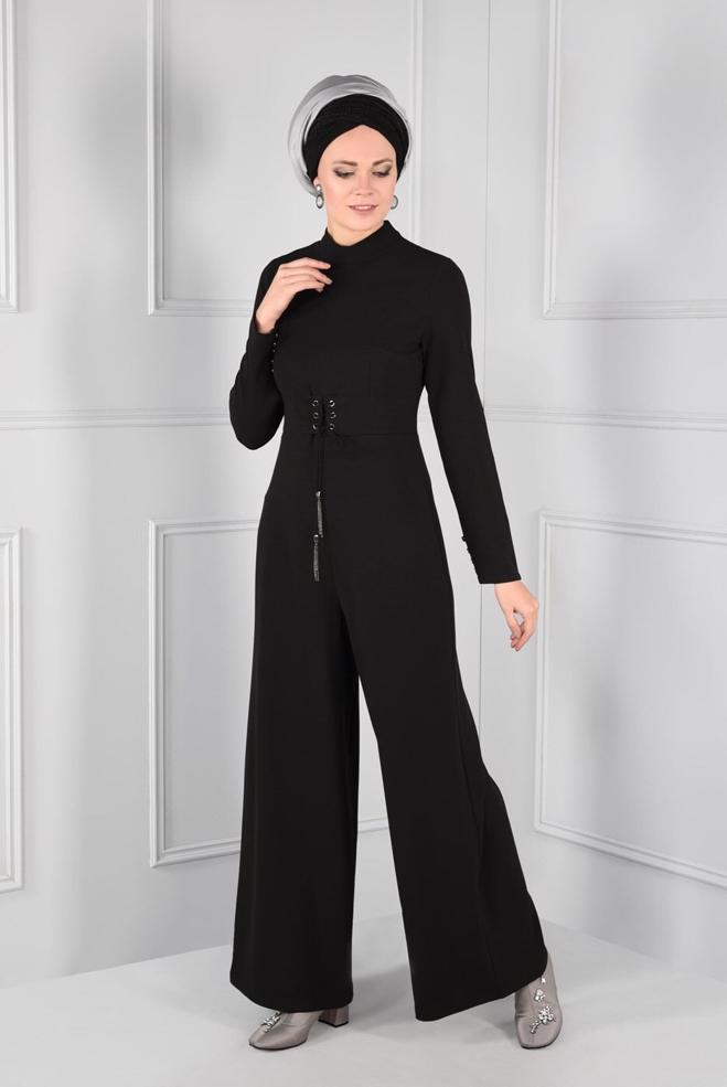Hijab clothing BLACK GROMMET DETAILED BELTED JUMPSUIT 4774  - ALVİNA