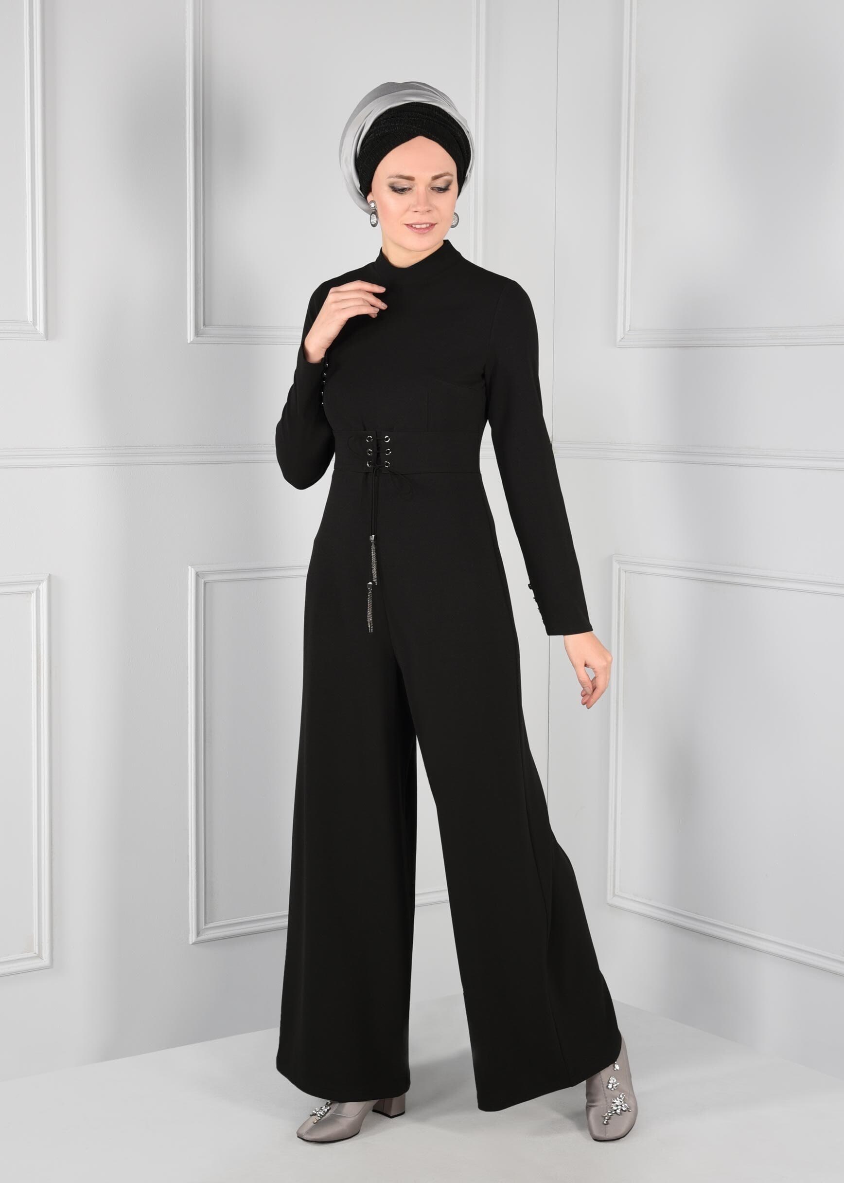 Hijab clothing BLACK GROMMET DETAILED BELTED JUMPSUIT 4774 
