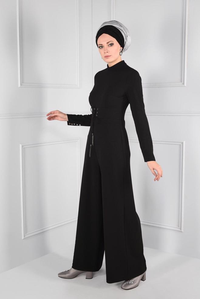 Hijab clothing BLACK GROMMET DETAILED BELTED JUMPSUIT 4774  - ALVİNA