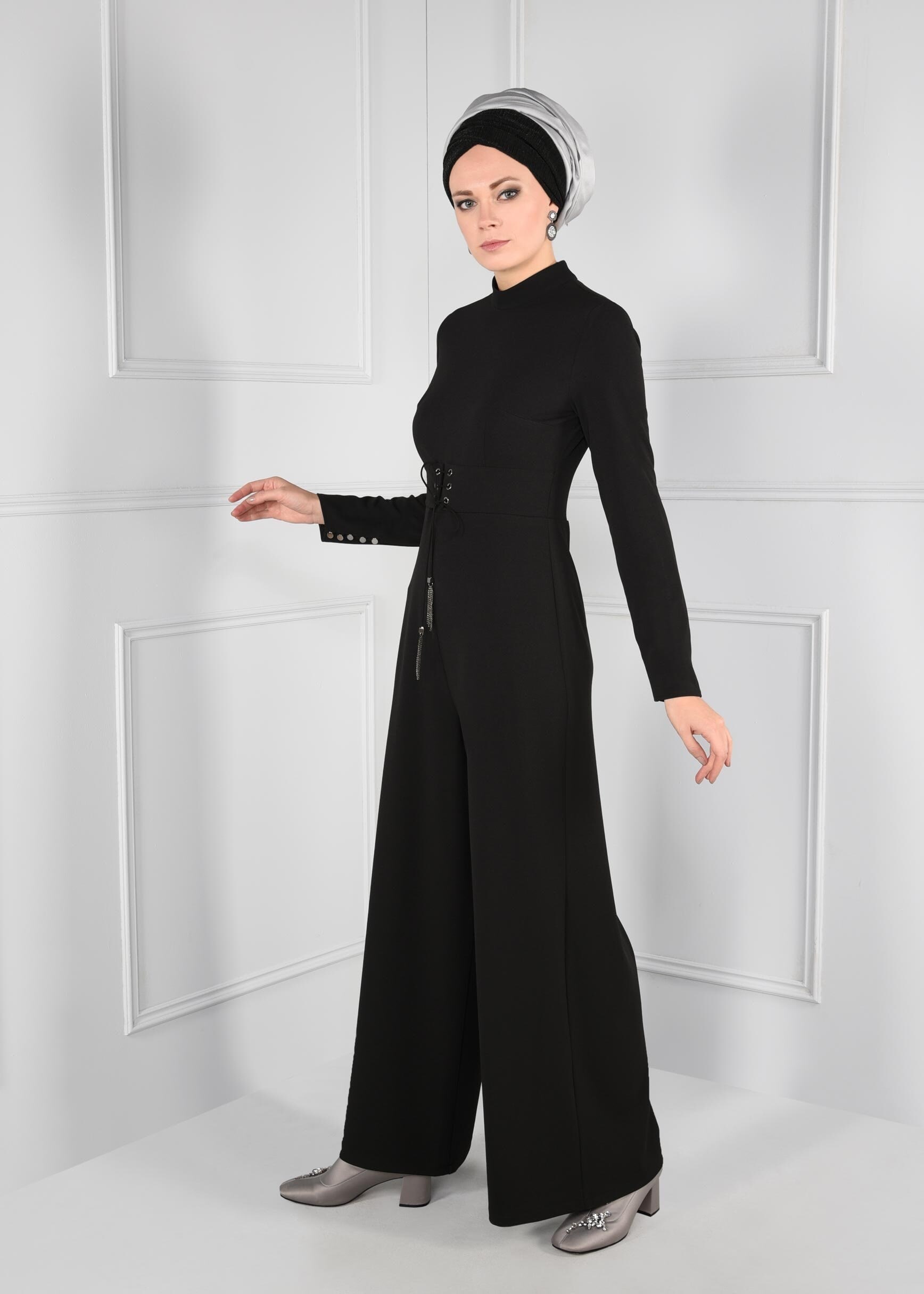 Hijab clothing BLACK GROMMET DETAILED BELTED JUMPSUIT 4774 