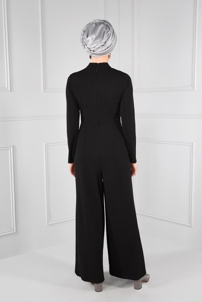 Hijab clothing BLACK GROMMET DETAILED BELTED JUMPSUIT 4774  - ALVİNA