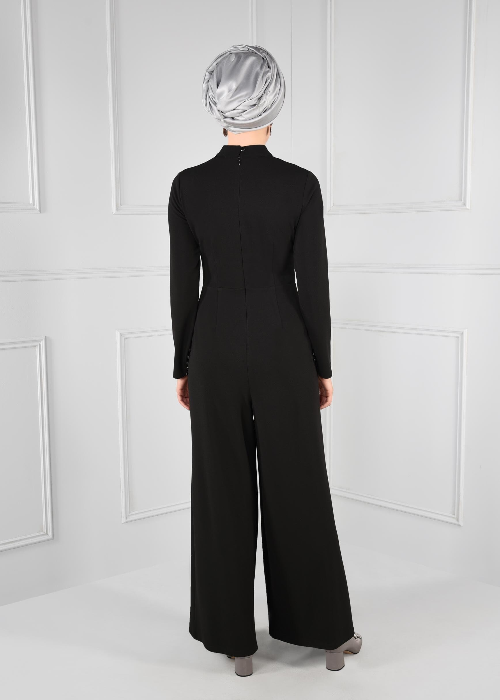 Hijab clothing BLACK GROMMET DETAILED BELTED JUMPSUIT 4774 