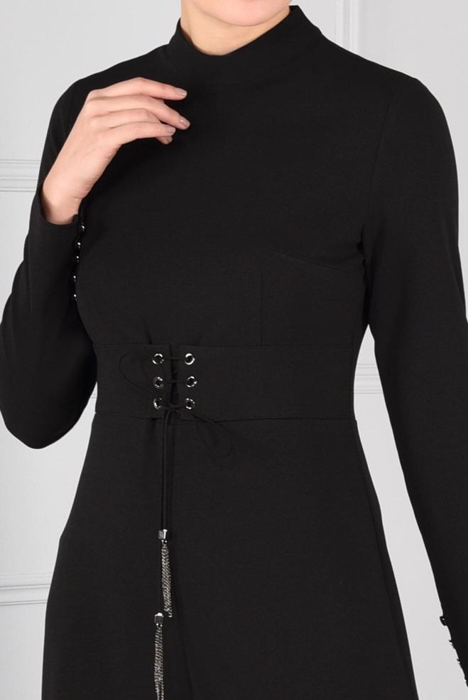 Hijab clothing BLACK GROMMET DETAILED BELTED JUMPSUIT 4774  - ALVİNA