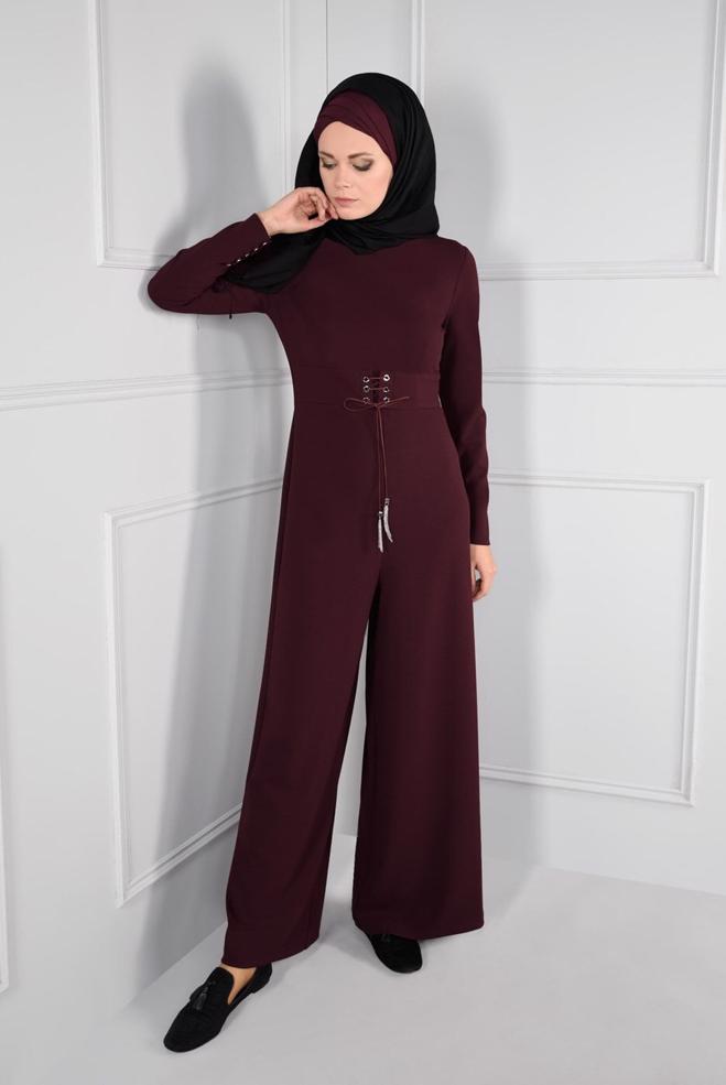 Hijab clothing CLARET RED GROMMET DETAILED BELTED JUMPSUIT 4774  - ALVİNA