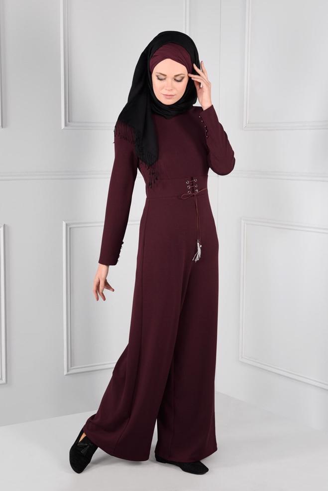 Hijab clothing CLARET RED GROMMET DETAILED BELTED JUMPSUIT 4774  - ALVİNA