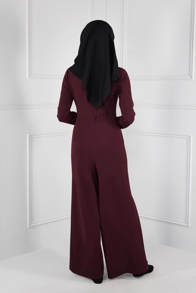 Hijab clothing CLARET RED GROMMET DETAILED BELTED JUMPSUIT 4774  - ALVİNA