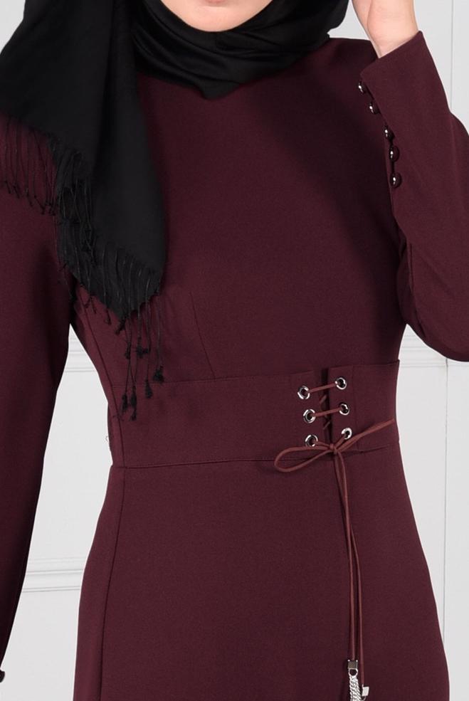 Hijab clothing CLARET RED GROMMET DETAILED BELTED JUMPSUIT 4774  - ALVİNA