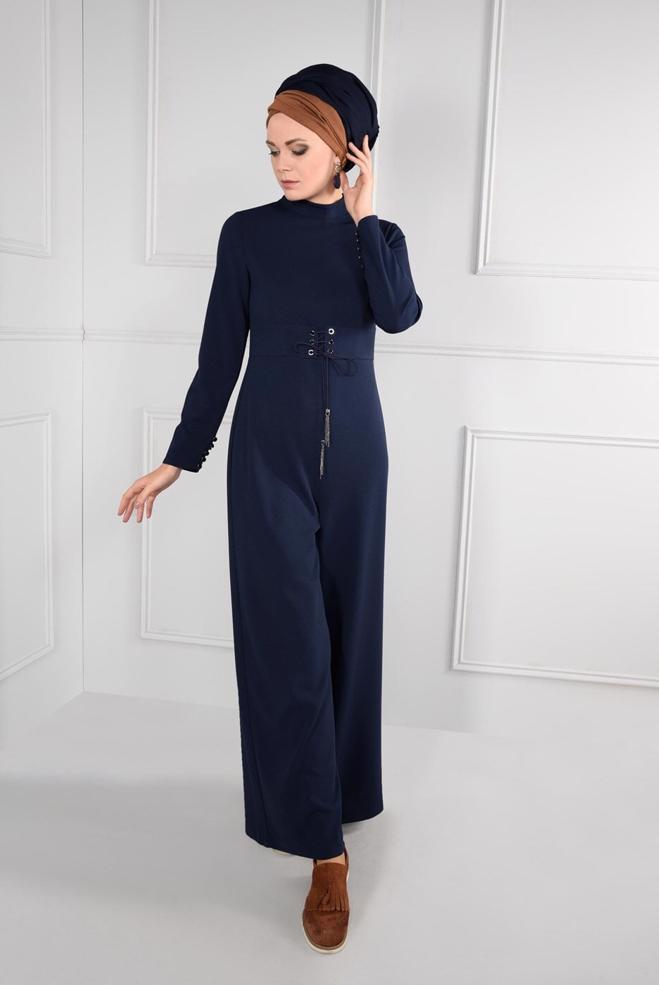 Hijab clothing NAVY BLUE GROMMET DETAILED BELTED JUMPSUIT 4774  - ALVİNA