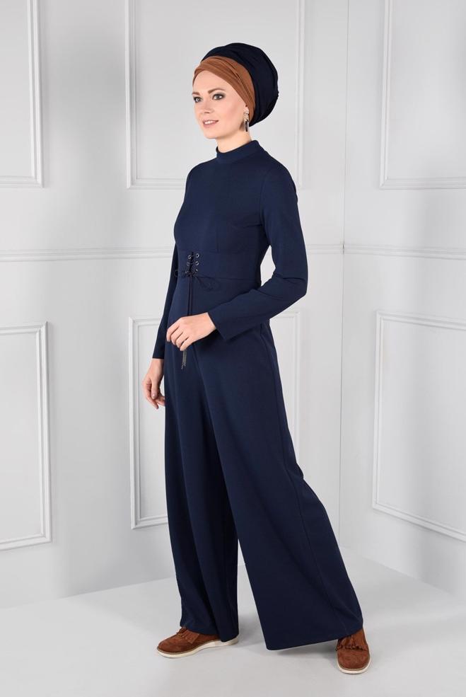 Hijab clothing NAVY BLUE GROMMET DETAILED BELTED JUMPSUIT 4774  - ALVİNA
