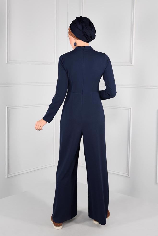 Hijab clothing NAVY BLUE GROMMET DETAILED BELTED JUMPSUIT 4774  - ALVİNA