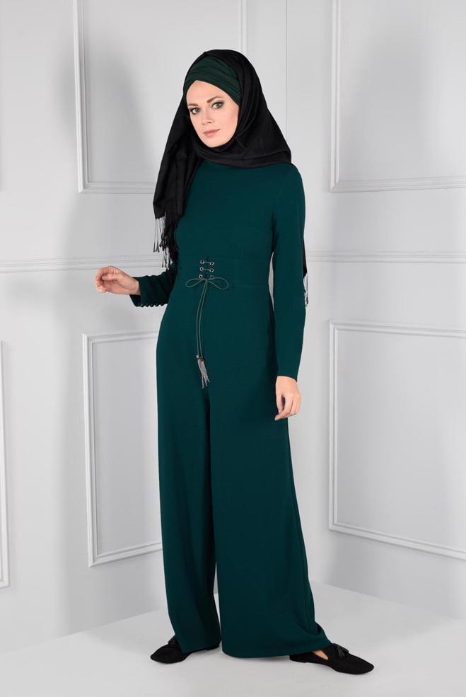 Hijab clothing BLUE GROMMET DETAILED BELTED JUMPSUIT 4774  - ALVİNA