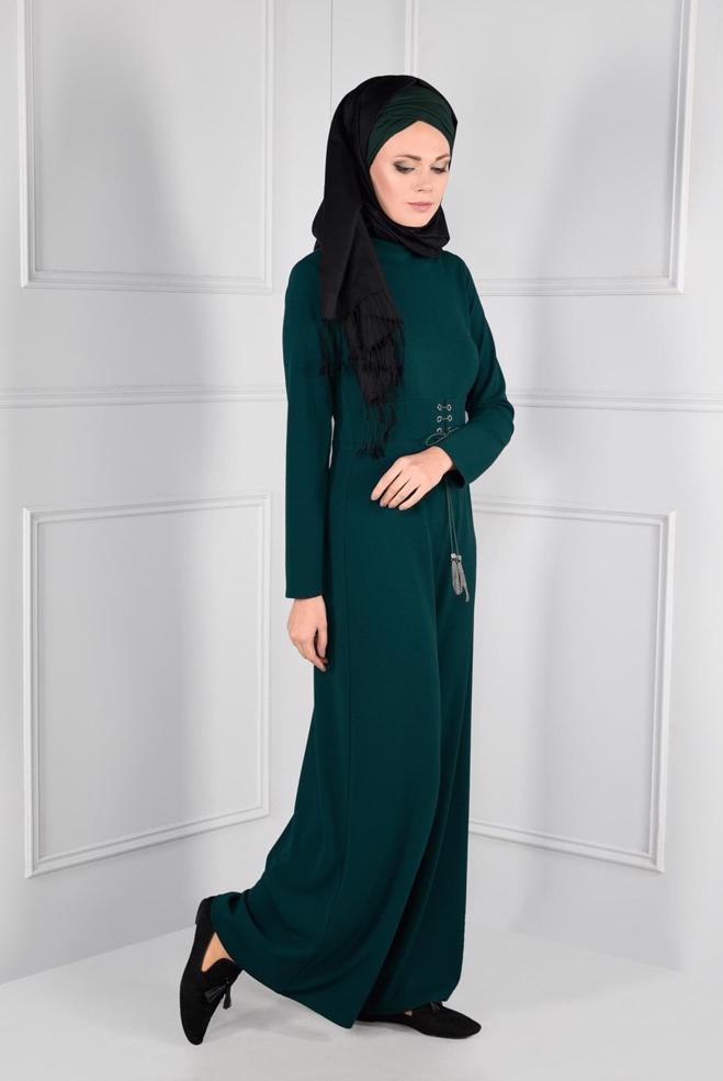 Hijab clothing BLUE GROMMET DETAILED BELTED JUMPSUIT 4774  - ALVİNA