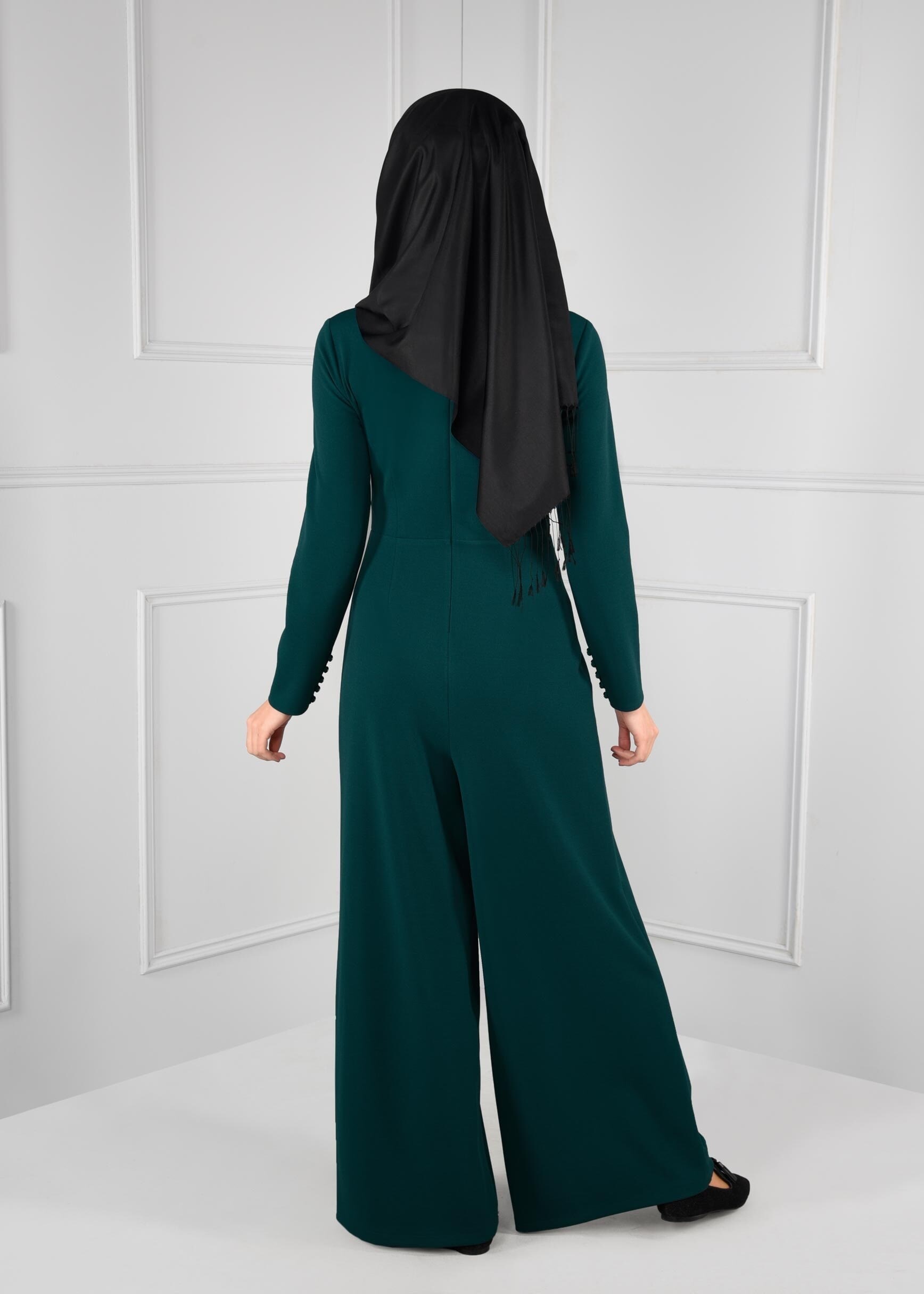 Tesettür giyim MAVİ MANŞETLERİ DÜĞME DETAYLI KUŞ GÖZÜ KEMERLİ TULUM 4774