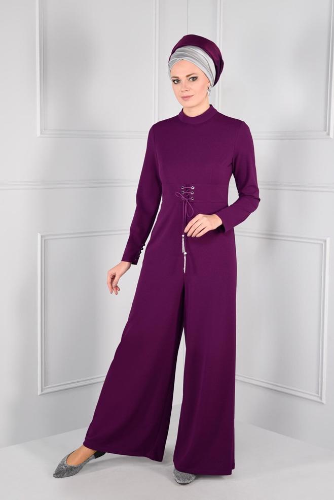 Hijab clothing PURPLE GROMMET DETAILED BELTED JUMPSUIT 4774  - ALVİNA