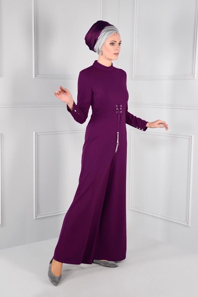 Hijab clothing PURPLE GROMMET DETAILED BELTED JUMPSUIT 4774  - ALVİNA
