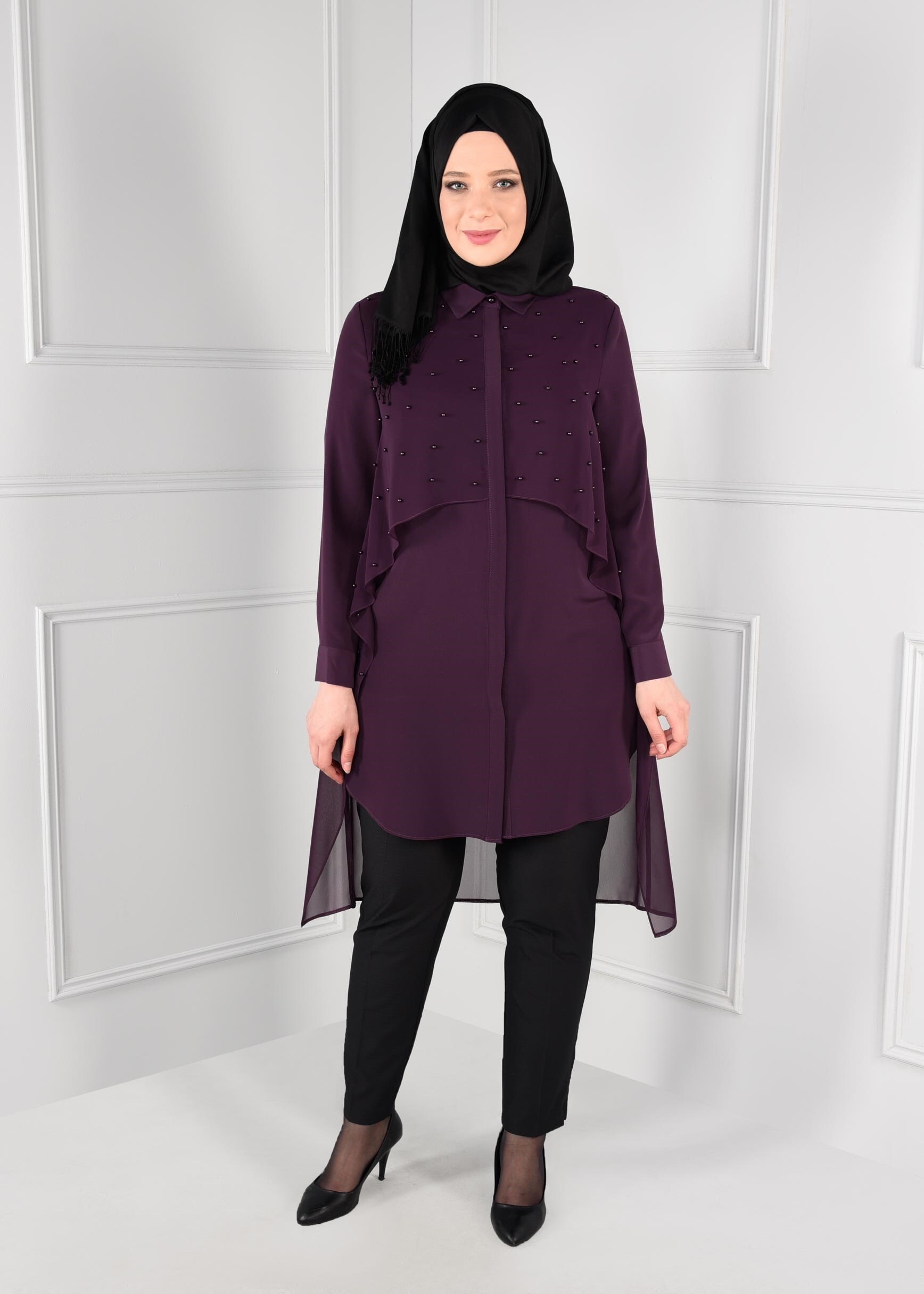 Hijab clothing PURPLE BEADED TULLE-TRAIN TUNIC 2693 